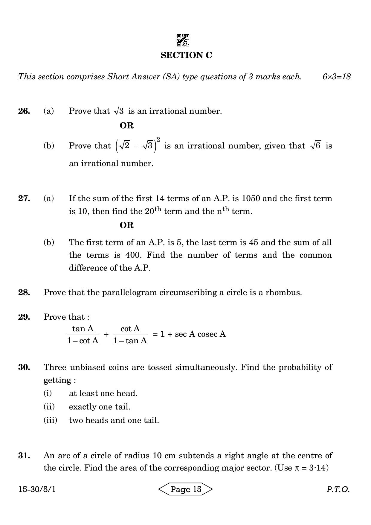 CBSE Class 10 30-5-1 Mathematics Standard 2024 Question Paper - Page 15