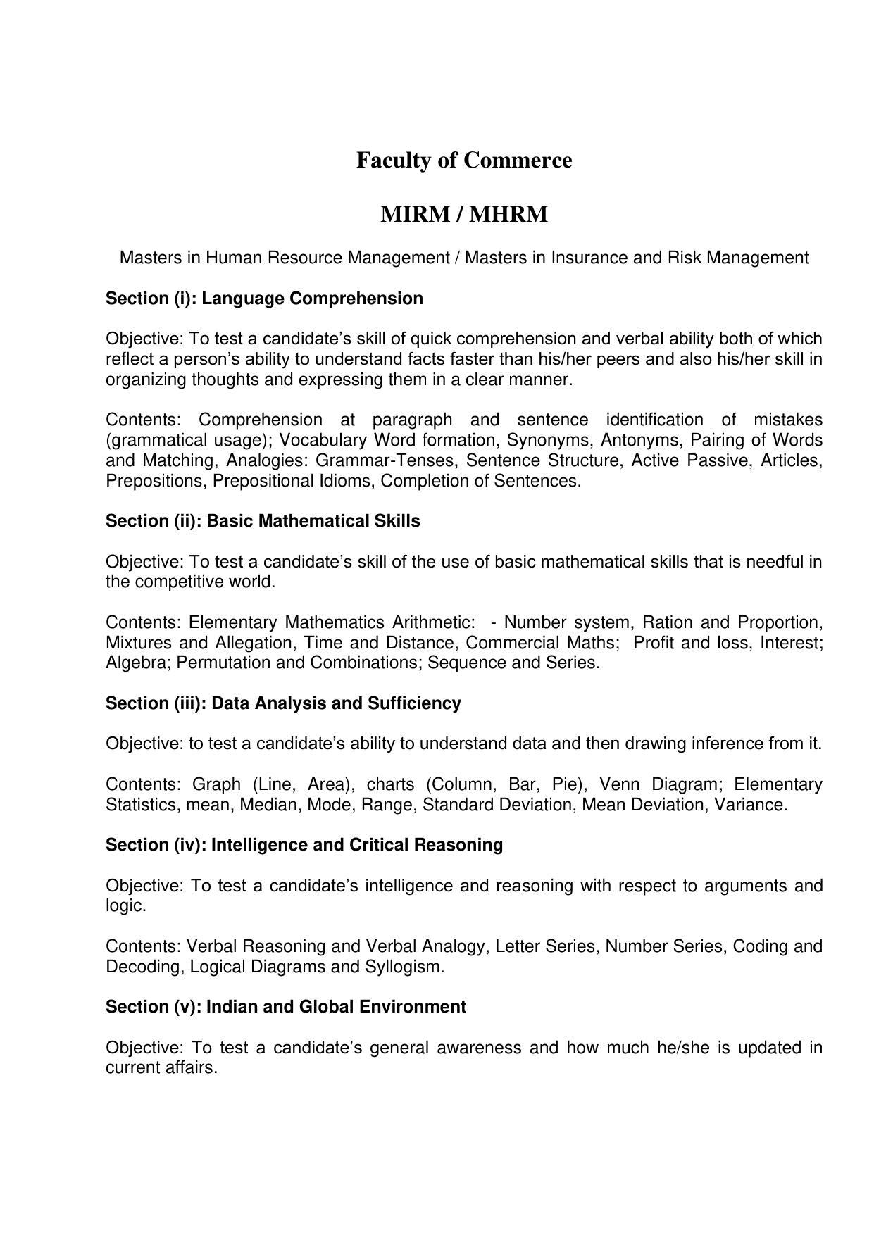 AMU Entrance Exam: AMU Entrance Exam: Master of Insurance & Risk Management (MIRM) Syllabus - Page 1