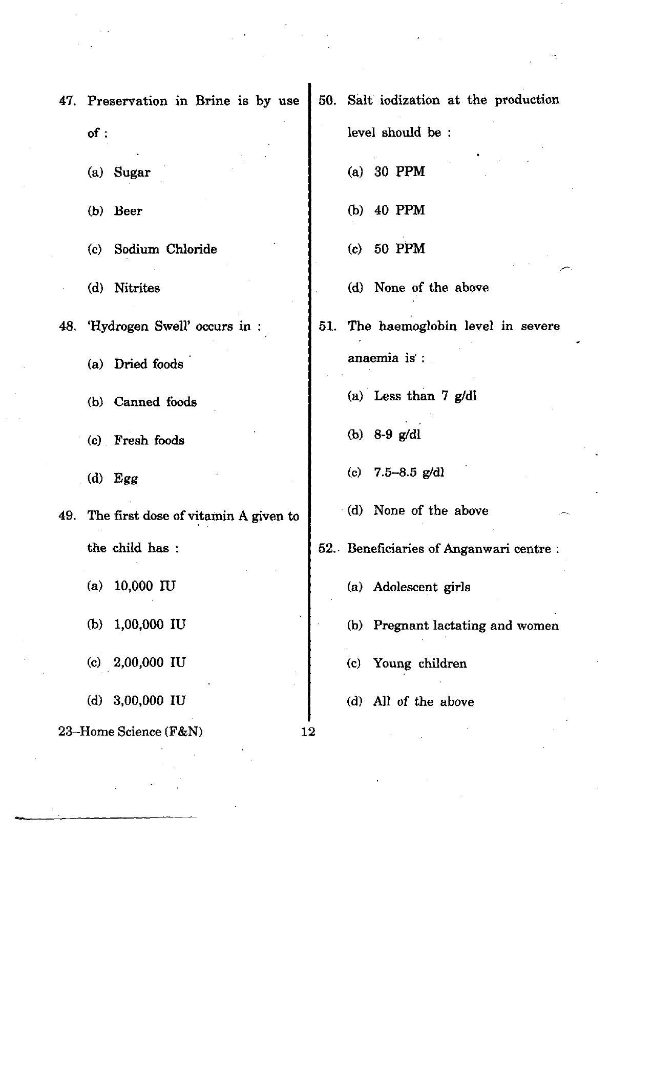 URATPG Home Science(Food & Nut.) 2012 Question Paper - Page 12