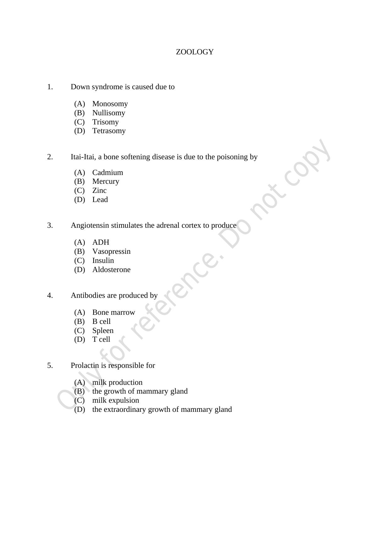 CUSAT CAT 2021 Zoology Question Paper - Page 1