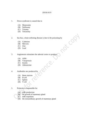 CUSAT CAT 2021 Zoology Question Paper