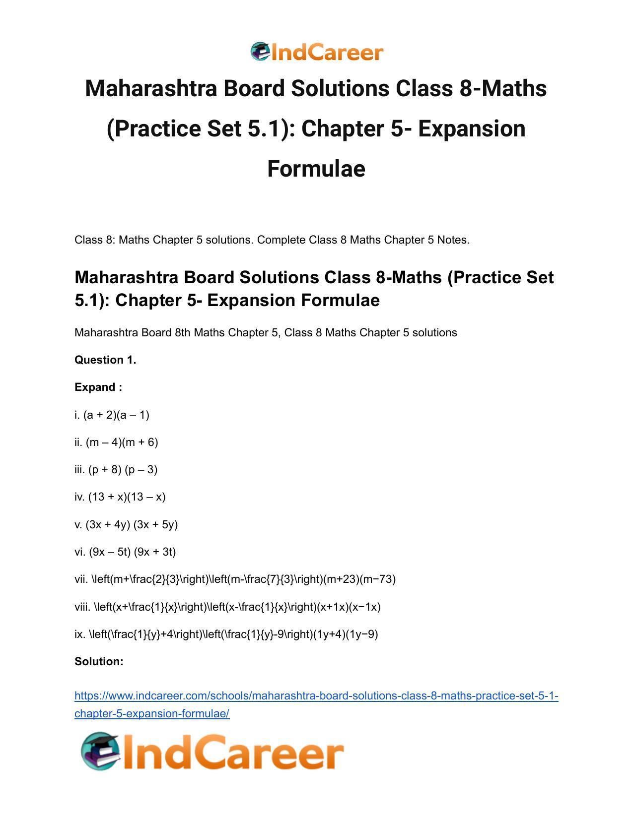 Maharashtra Board Solutions Class 8-Maths (Practice Set 5.1): Chapter 5- Expansion Formulae - Page 2