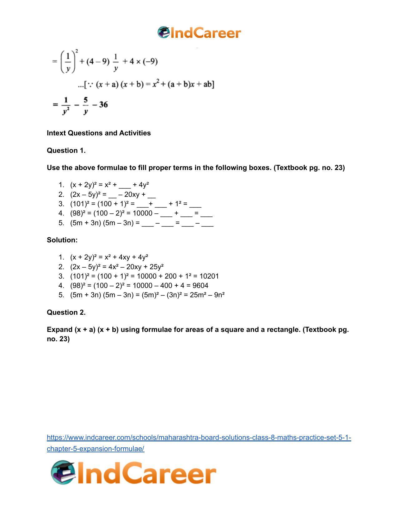 Maharashtra Board Solutions Class 8-Maths (Practice Set 5.1): Chapter 5- Expansion Formulae - Page 5