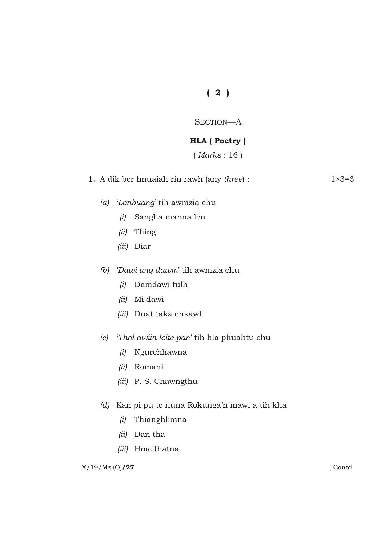 Meghalaya Board (MBOSE) Class 10 MIZO ( INDIAN LANGUAGE ) ( Old Course ) 2019 Question Paper - Page 2