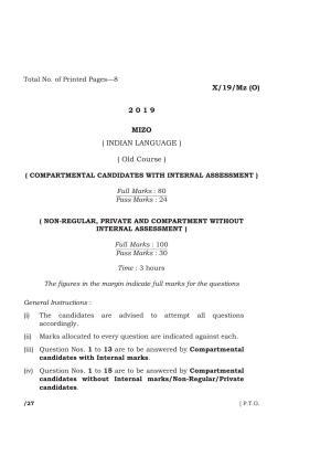 Meghalaya Board (MBOSE) Class 10 MIZO ( INDIAN LANGUAGE ) ( Old Course ) 2019 Question Paper