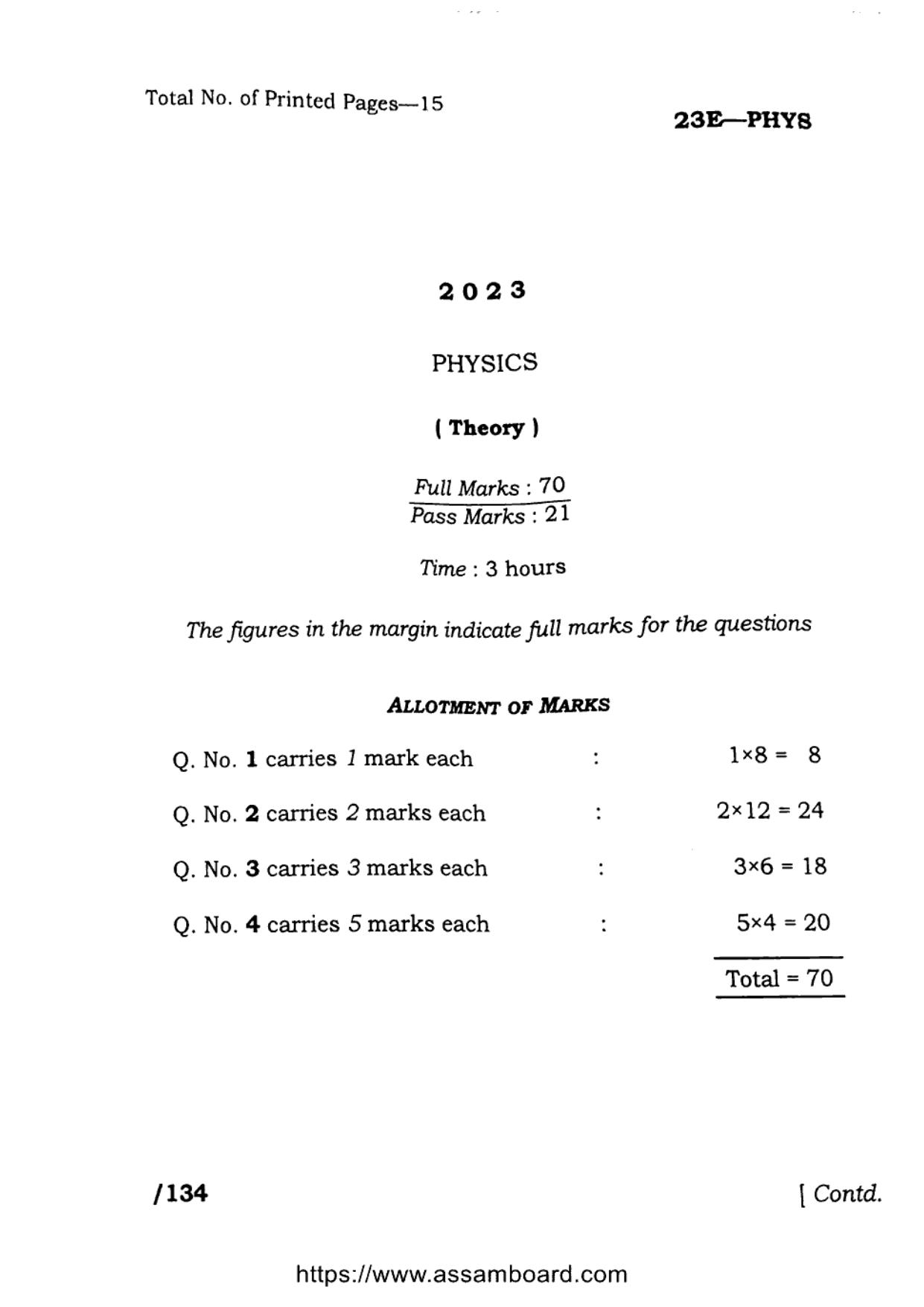 AHSEC Class 11 Physics 2023 Question Paper - Page 1