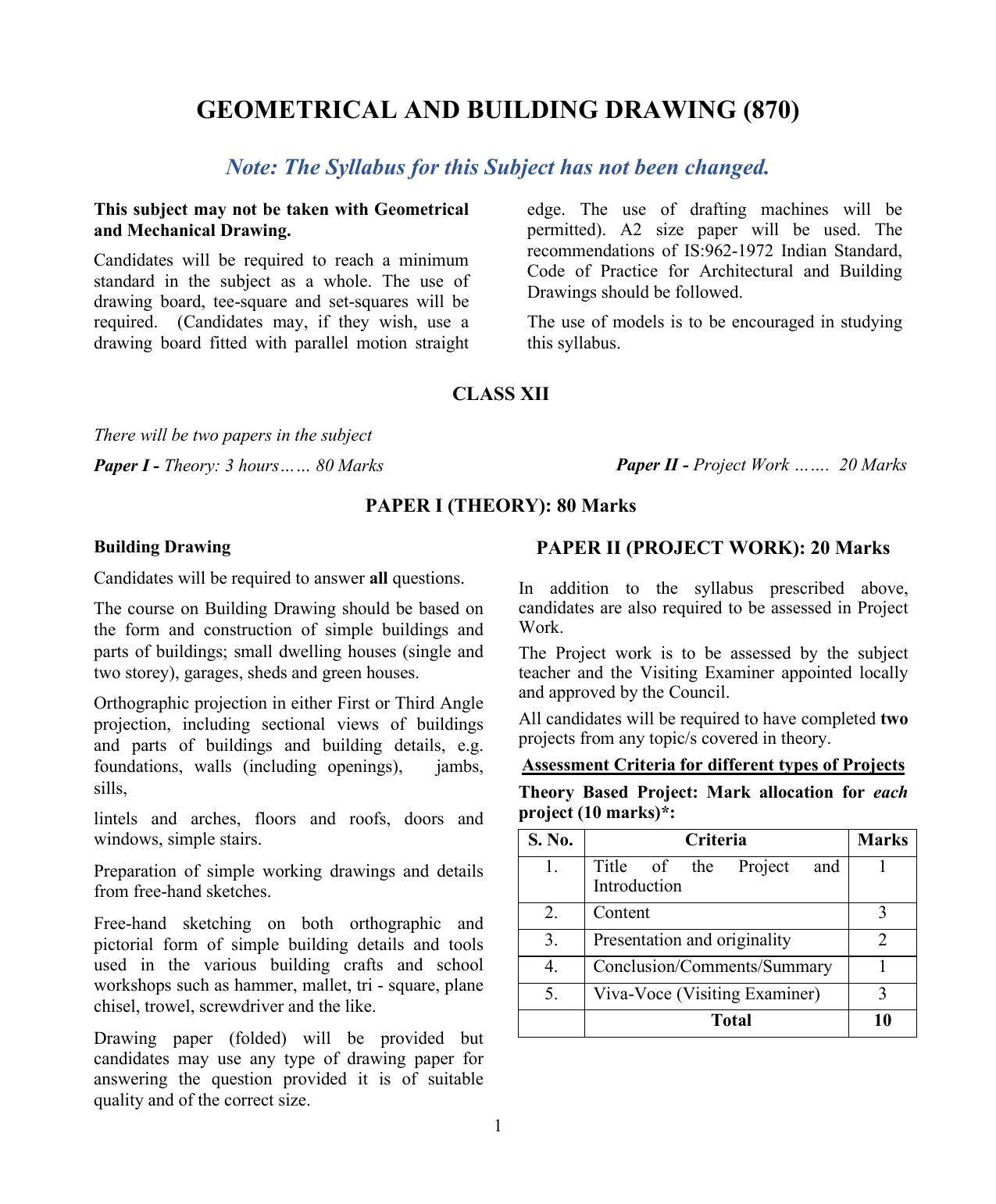 ISC Class 12 Geometrical and Building Drawing Syllabus - Page 1