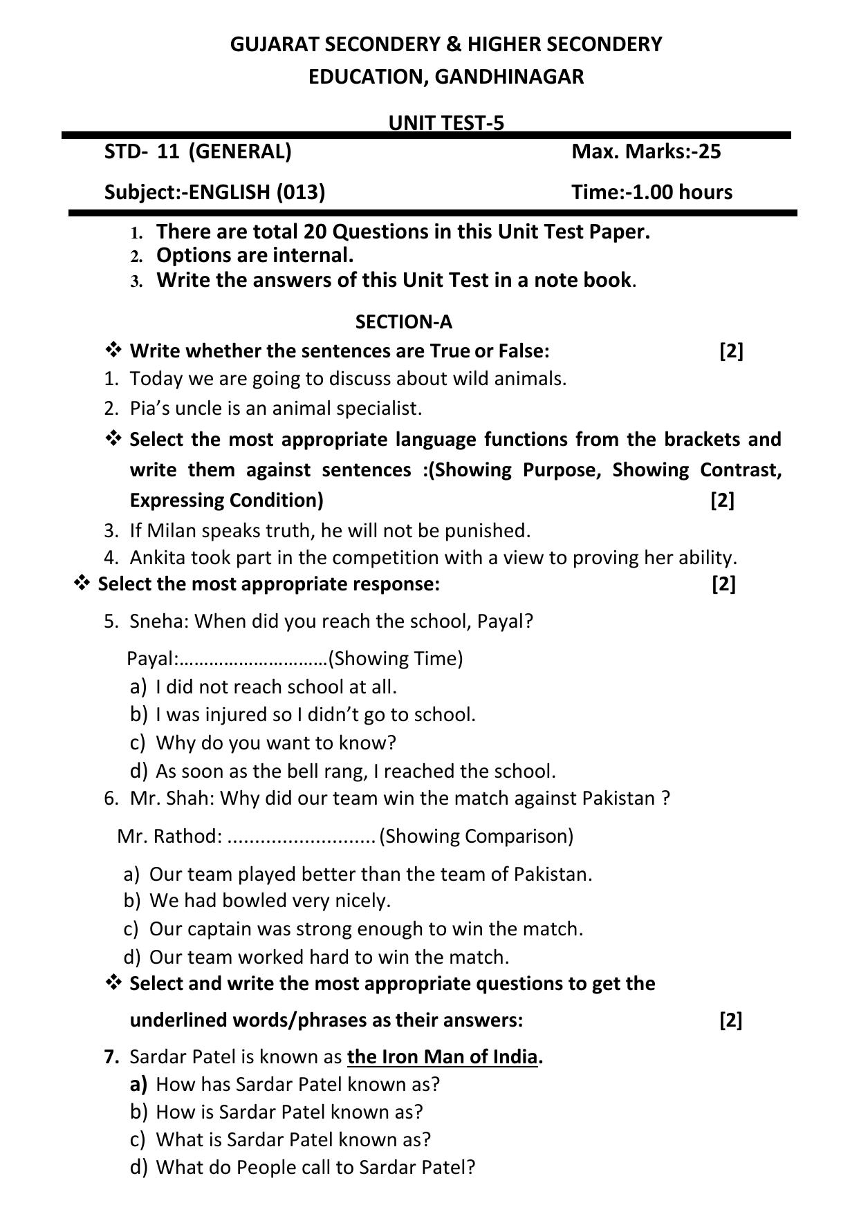 Gujarat Board Class 12th Question Paper 2020: અંગ્રેજી(013)-11 - Page 1