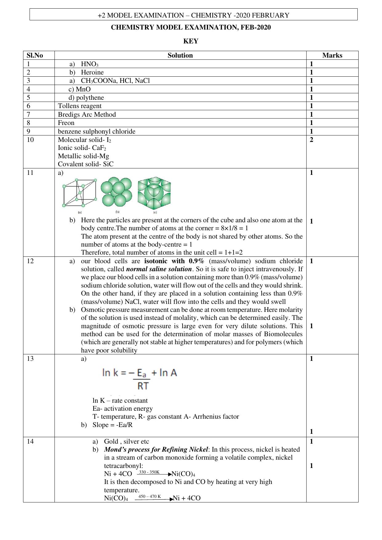 Kerala Plus Two 2020 Chemistry Model Answer Key - Page 1