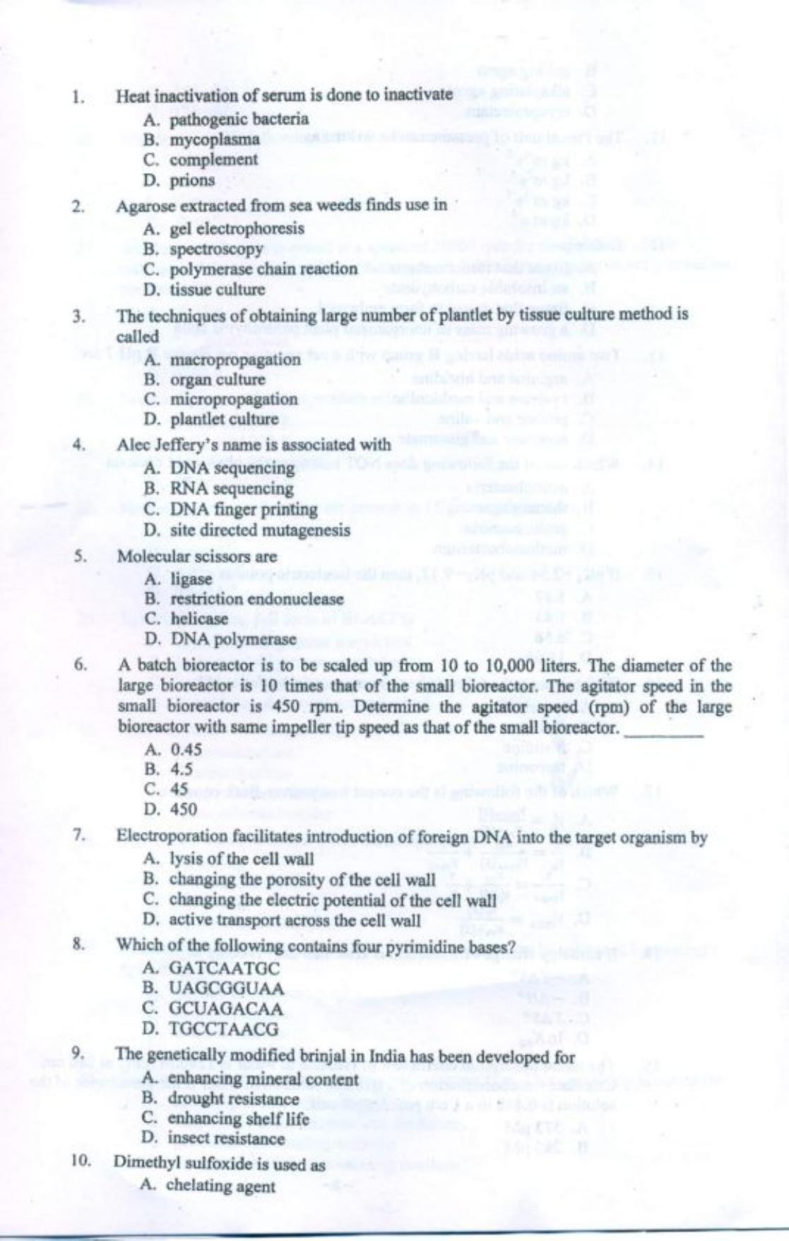 PU CET PG 2018 M.E. Biotechnology Question Paper - Page 2