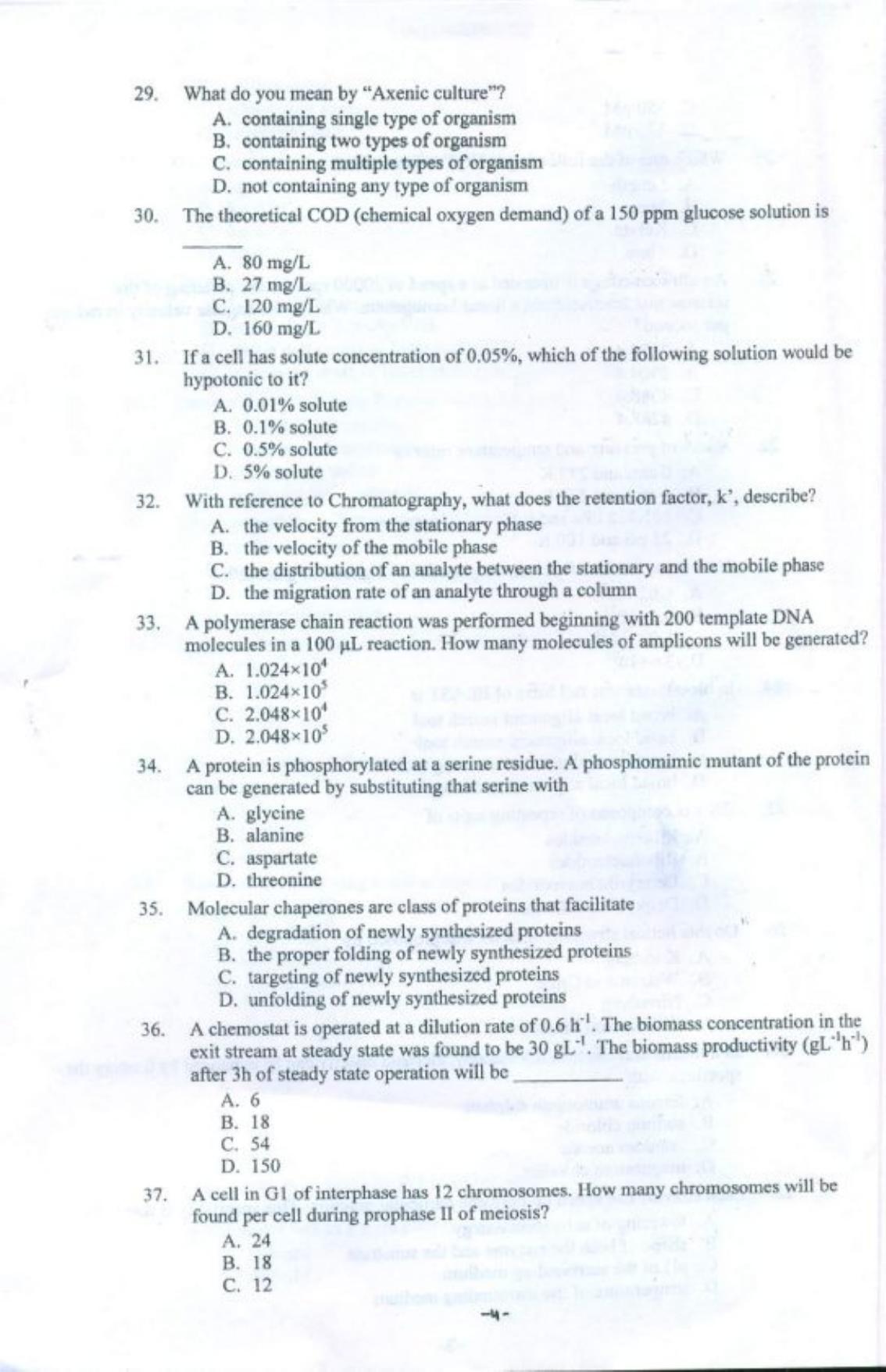 PU CET PG 2018 M.E. Biotechnology Question Paper - Page 5