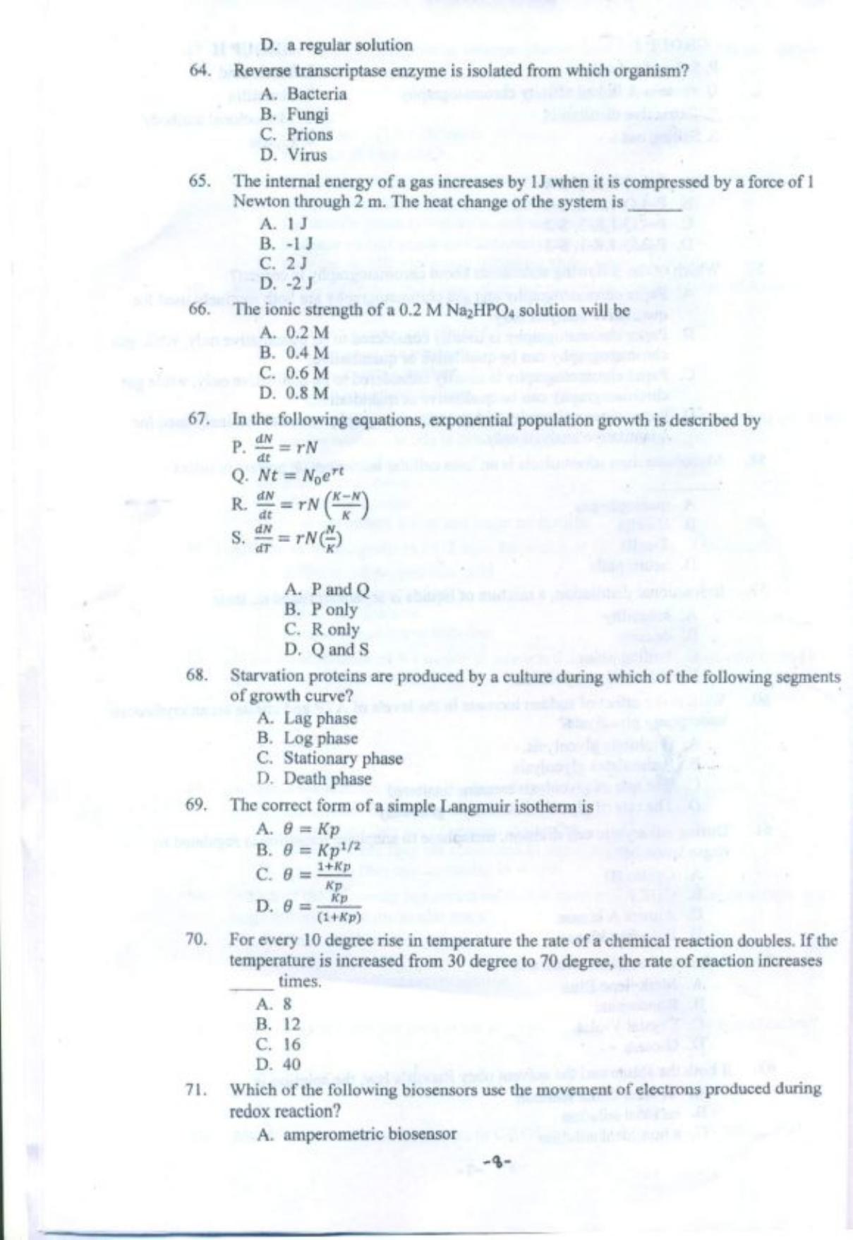 PU CET PG 2018 M.E. Biotechnology Question Paper - Page 9