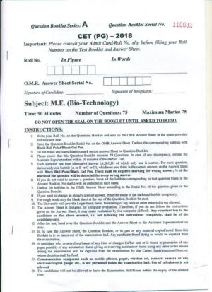 PU CET PG 2018 M.E. Biotechnology Question Paper