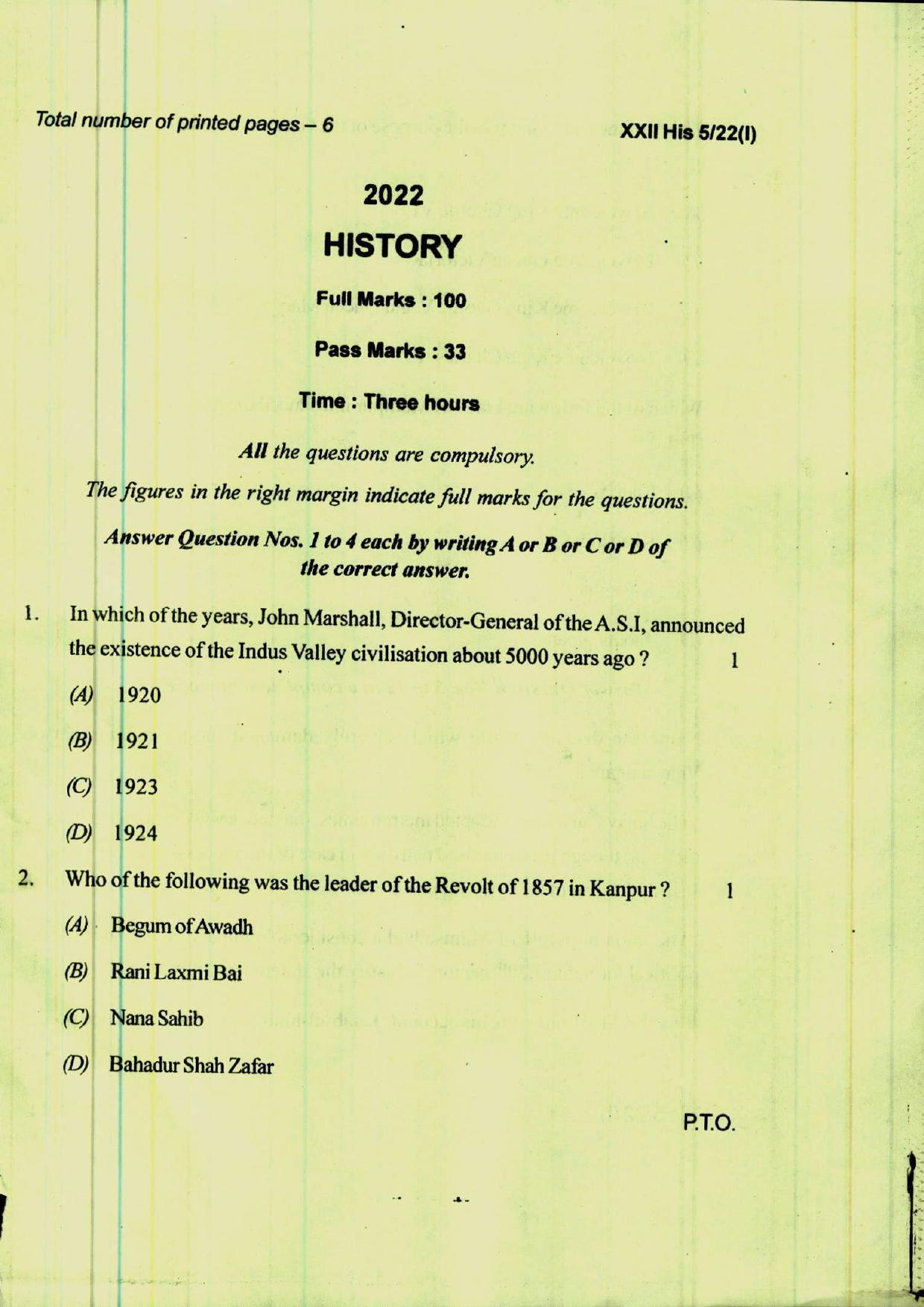 COHSEM 12th Question Papers Improvement 2022 History - Page 1