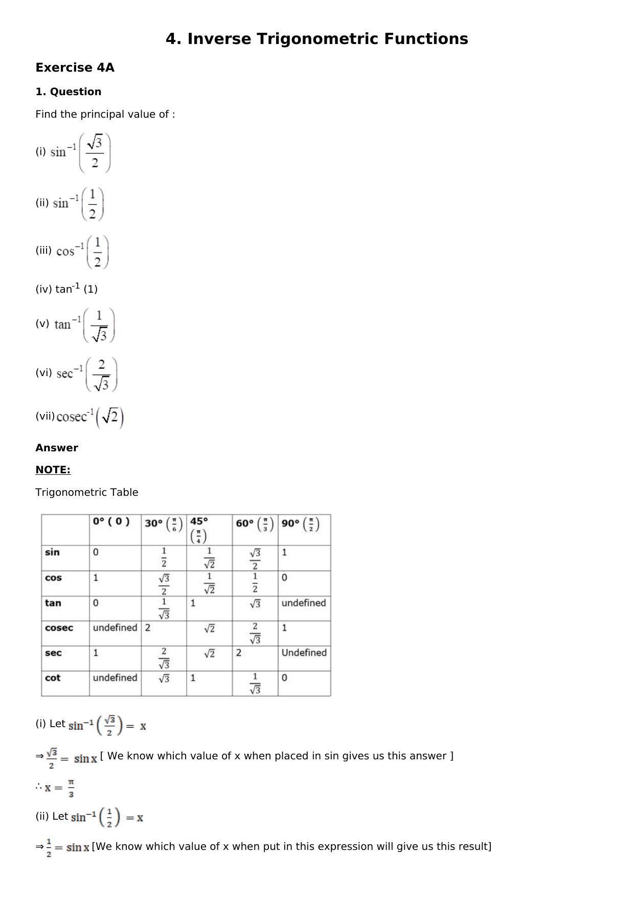 Chapter 4: Inverse Trigonometric Functions Solutions: RS Aggarwal Class 12 Solutions  - Page 1