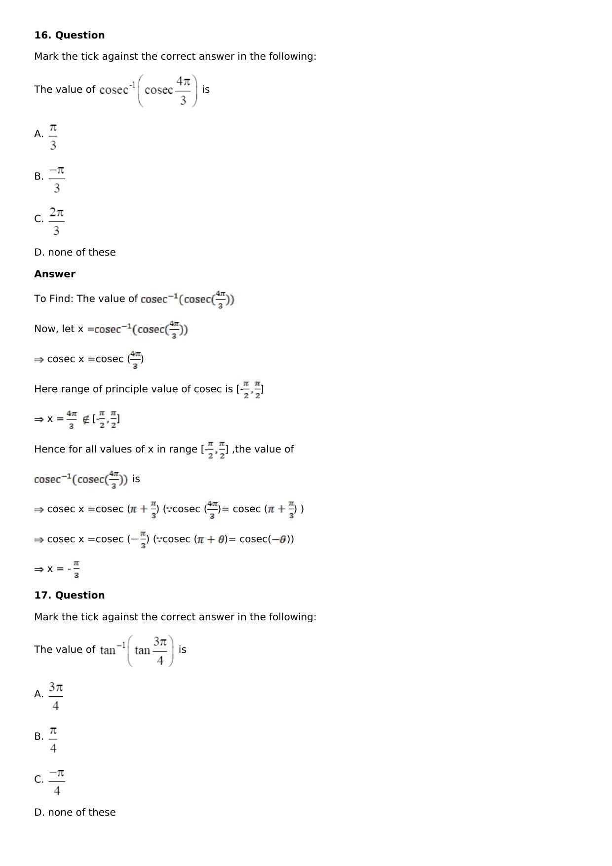 Chapter 4: Inverse Trigonometric Functions Solutions: RS Aggarwal Class 12 Solutions  - Page 47