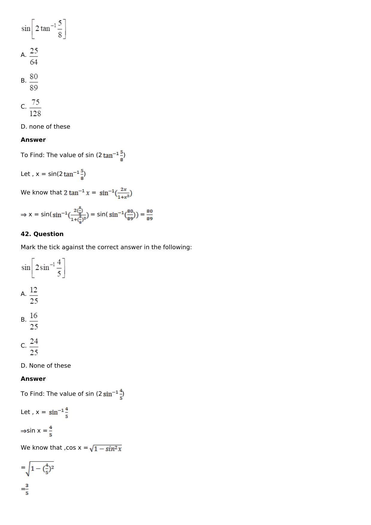 Chapter 4: Inverse Trigonometric Functions Solutions: RS Aggarwal Class 12 Solutions  - Page 62