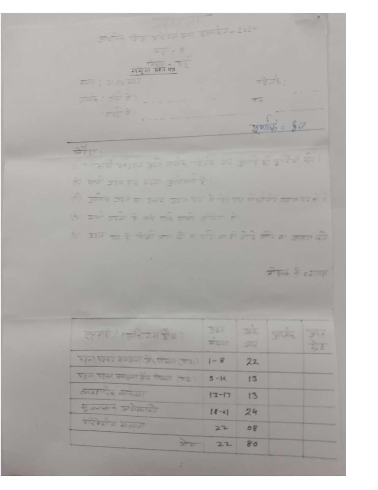 RBSE Class 5 Sample Paper Urdu - Page 1