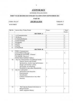 Kerala Plus One (Class 11th) Journalism Answer Key 2021
