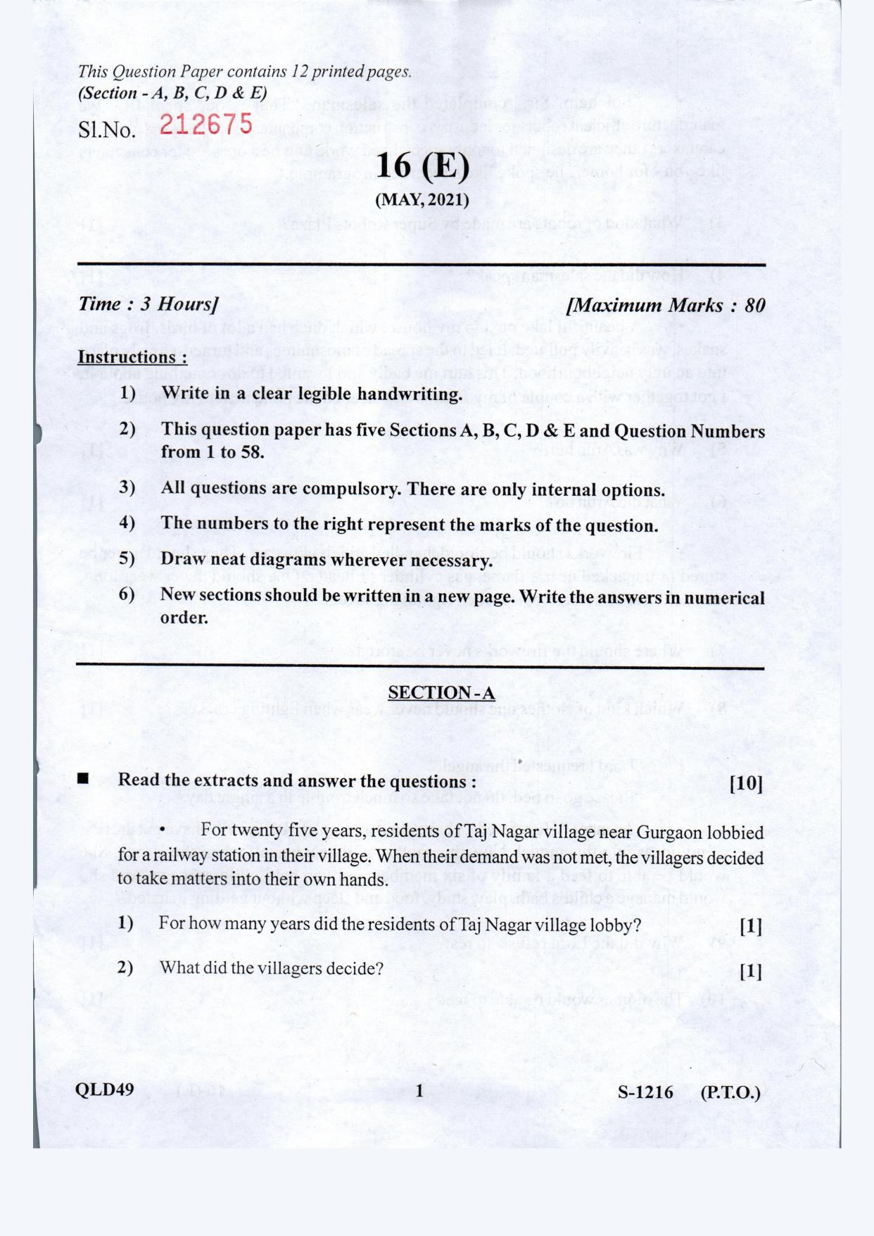 Gujarat Board Class 10th English S.L. May 2021 Question Paper - Page 1
