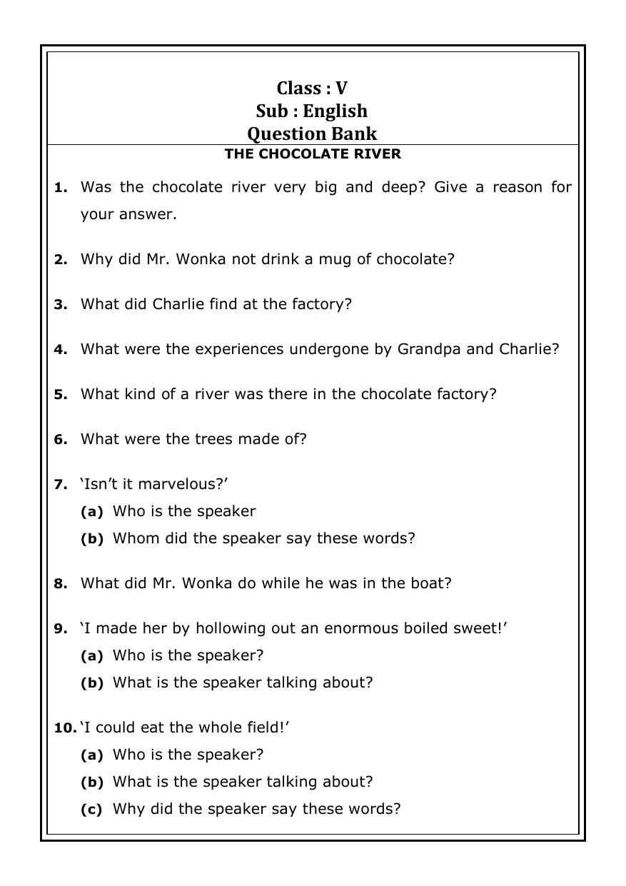 Worksheet for Class 5 English The Chocolate River Assignment - Page 1