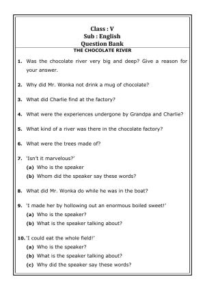 Worksheet for Class 5 English The Chocolate River Assignment