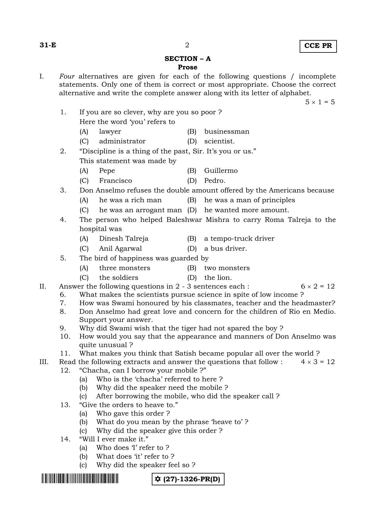 Karnataka SSLC English - Second Language - ENGLISH (31-E-(PR)-1326-D_24) (Supplementary) June 2019 Question Paper - Page 2