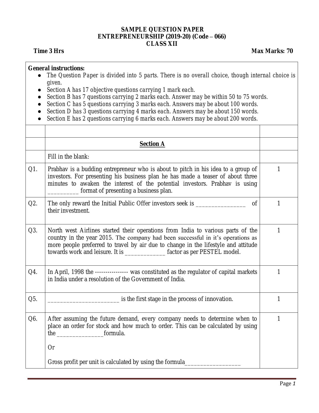 CBSE Class 12 Entrepreneurship Skill Education-Sample Paper 2019-20 - Page 1
