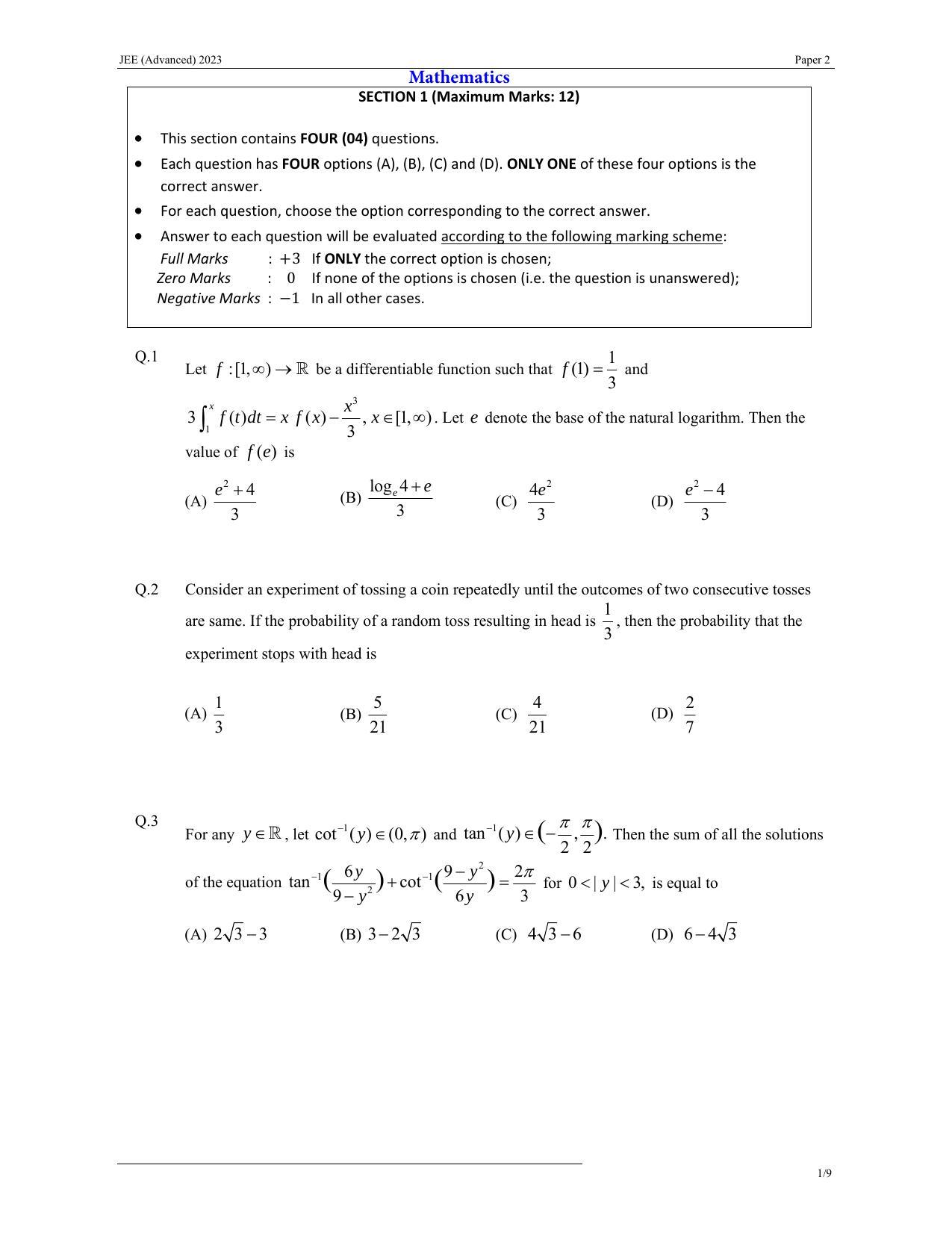 JEE (Advanced) 2023 Paper II - Mathematics Question Paper - Page 1