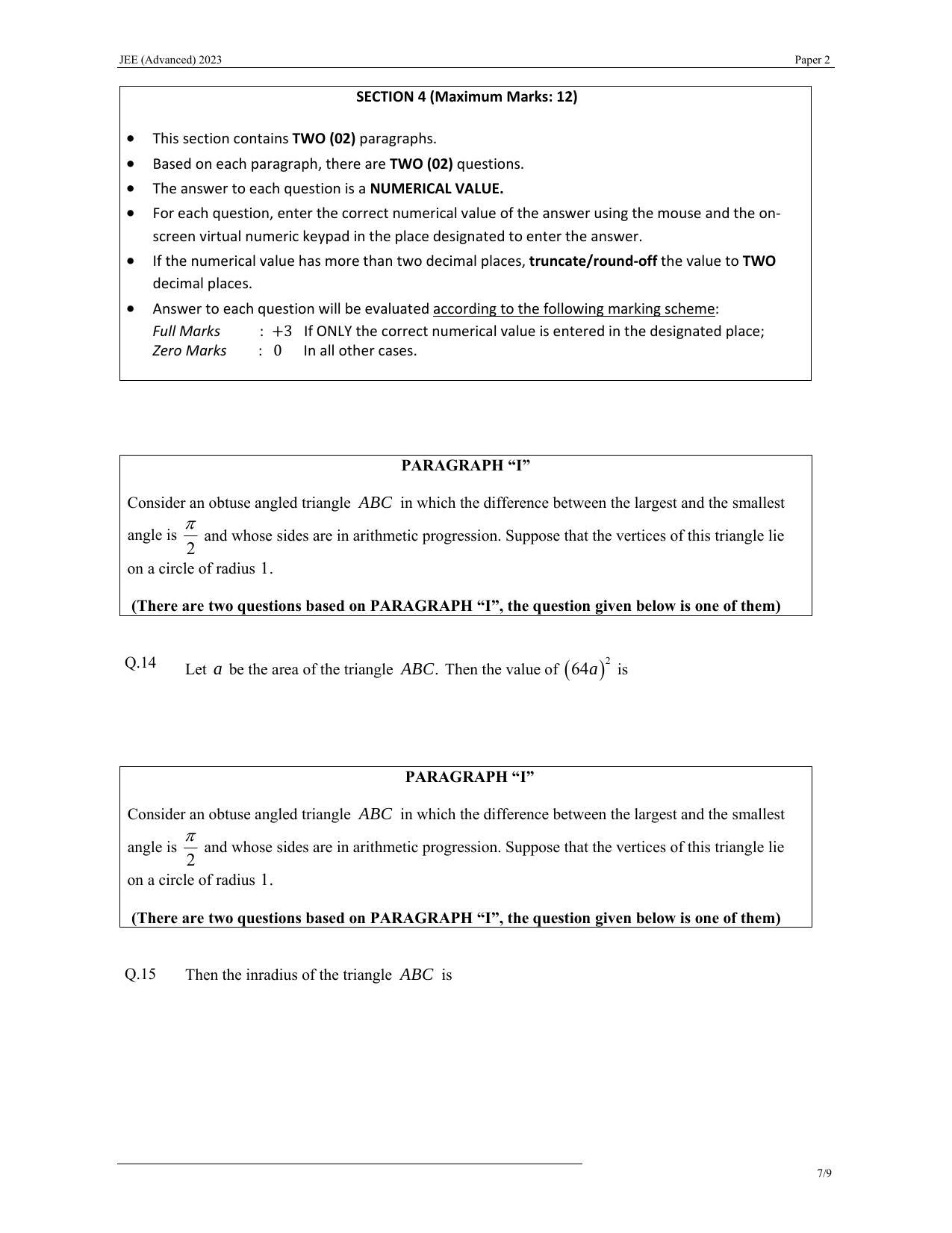 JEE (Advanced) 2023 Paper II - Mathematics Question Paper - Page 7