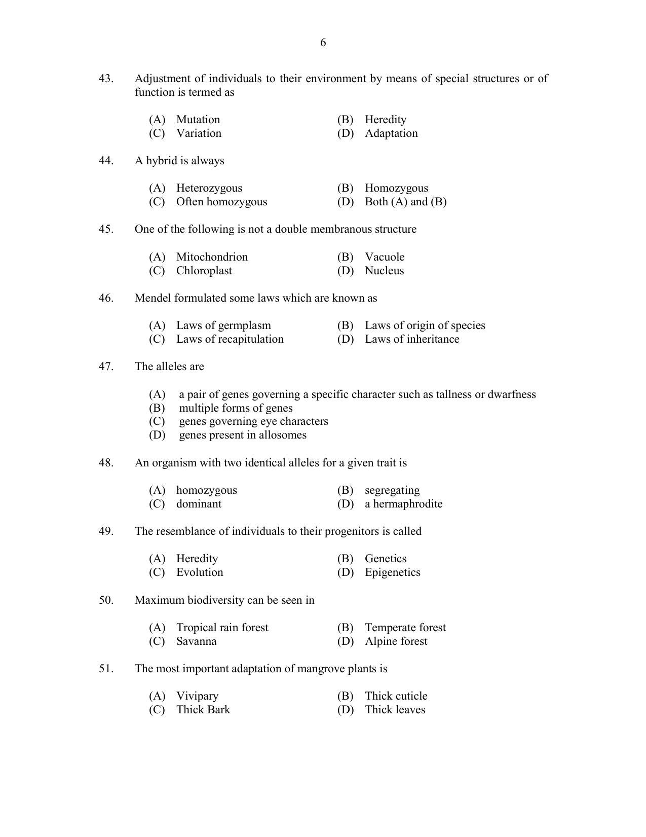 CUSAT CAT 2017 Botany Question Paper - Page 6