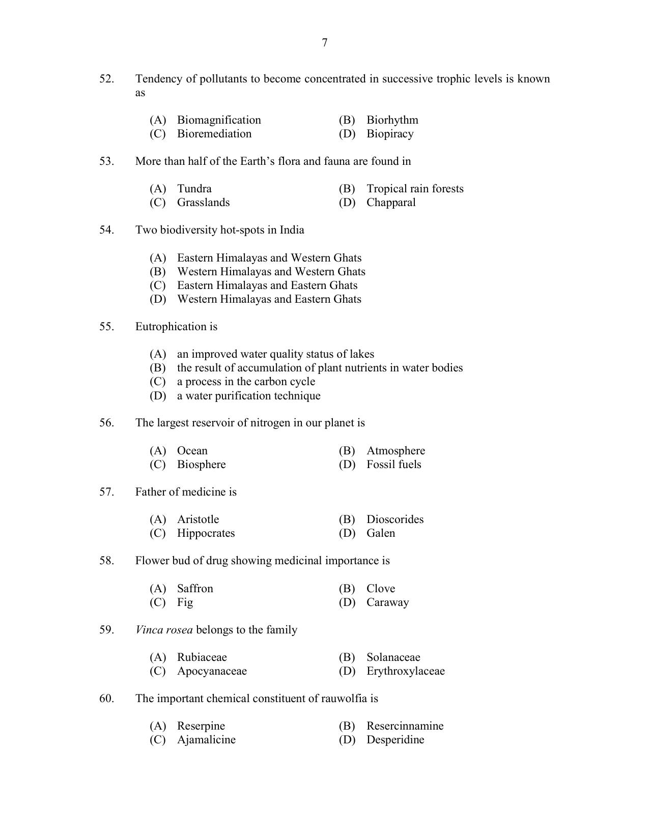 CUSAT CAT 2017 Botany Question Paper - Page 7