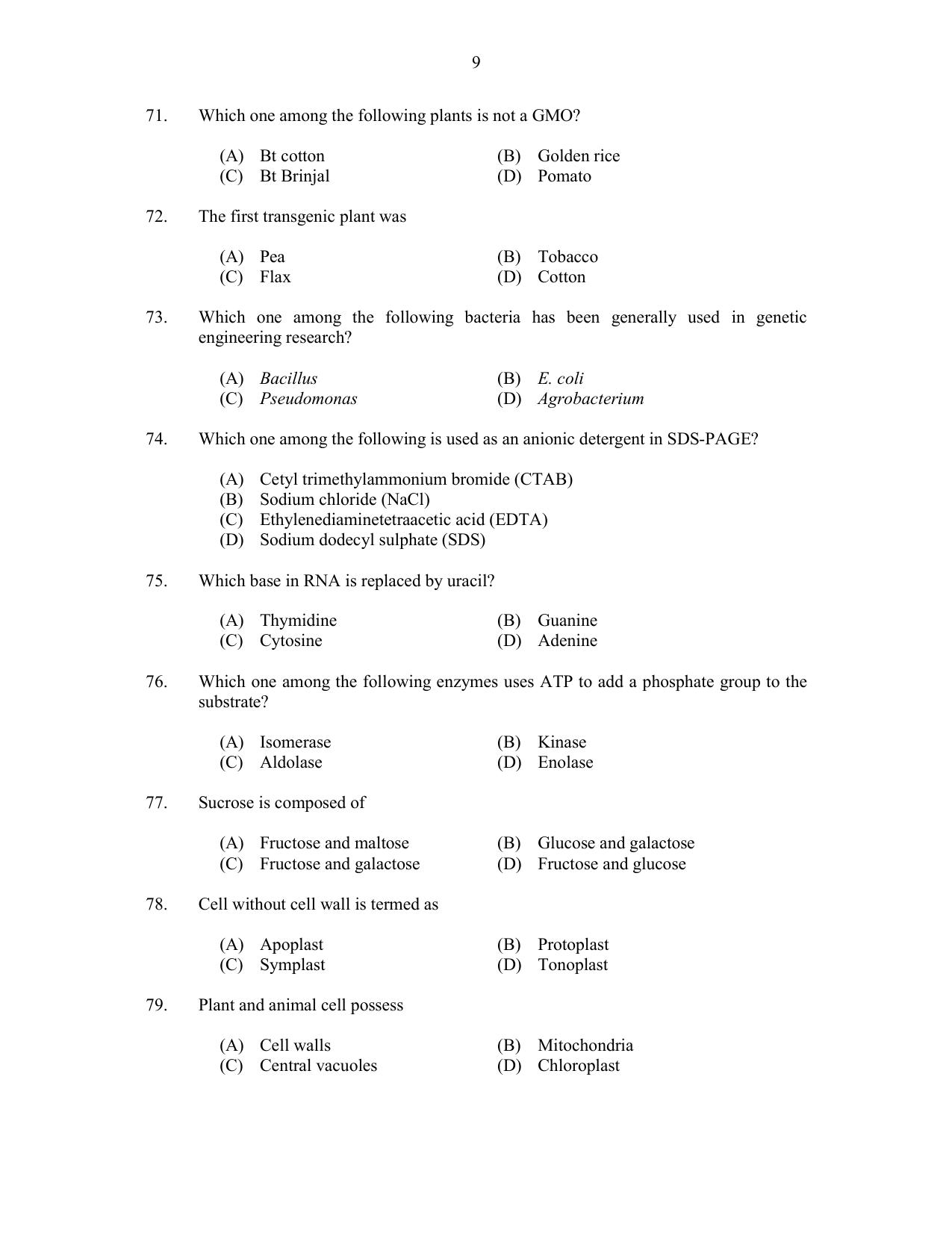 CUSAT CAT 2017 Botany Question Paper - Page 9