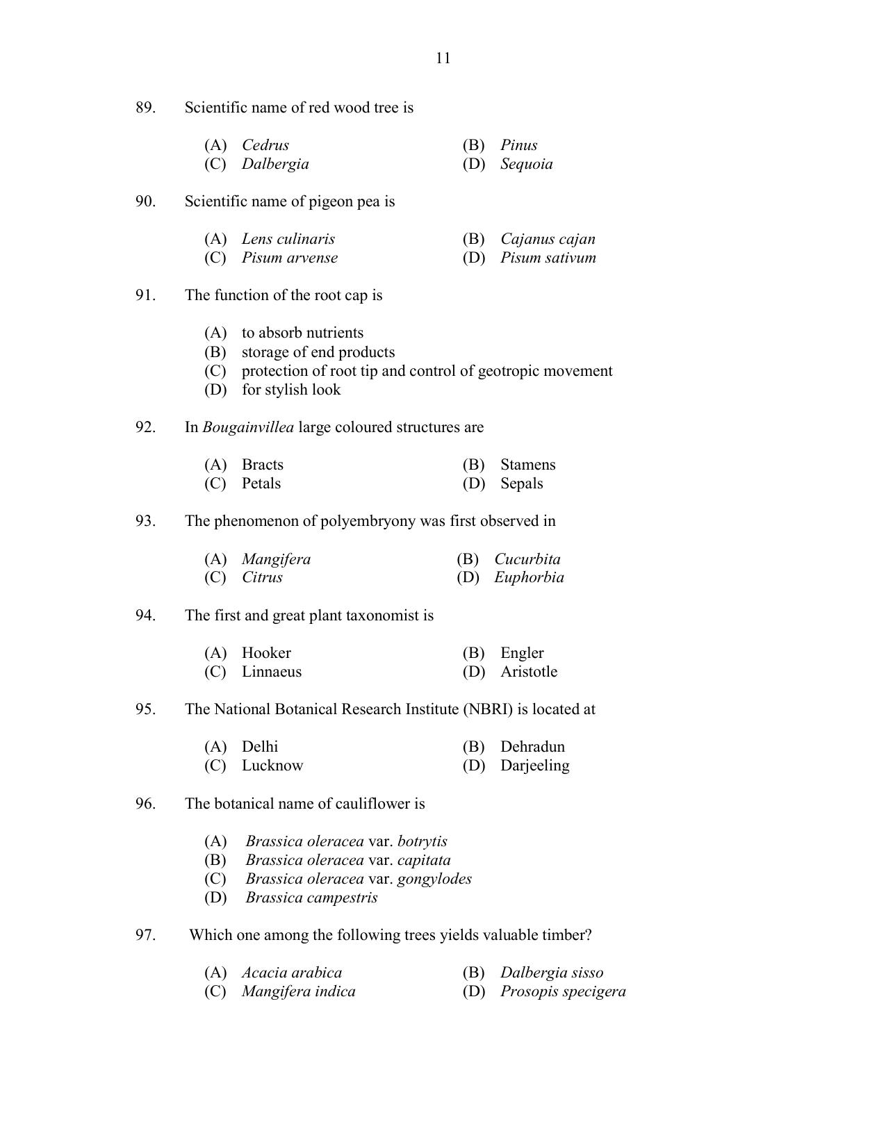 CUSAT CAT 2017 Botany Question Paper - Page 11