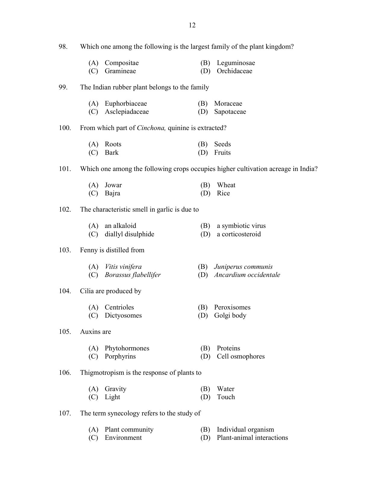 CUSAT CAT 2017 Botany Question Paper - Page 12