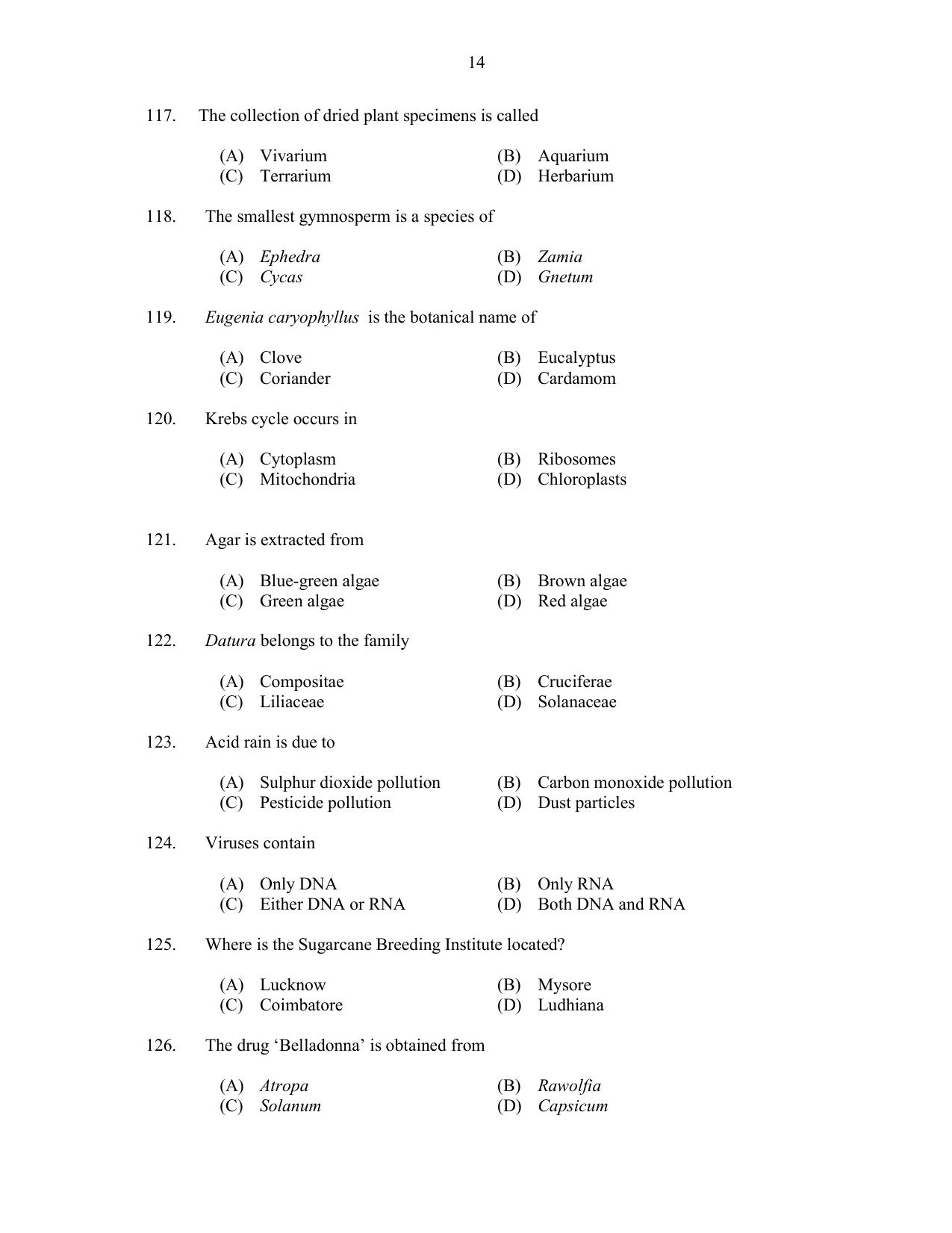 CUSAT CAT 2017 Botany Question Paper - Page 14