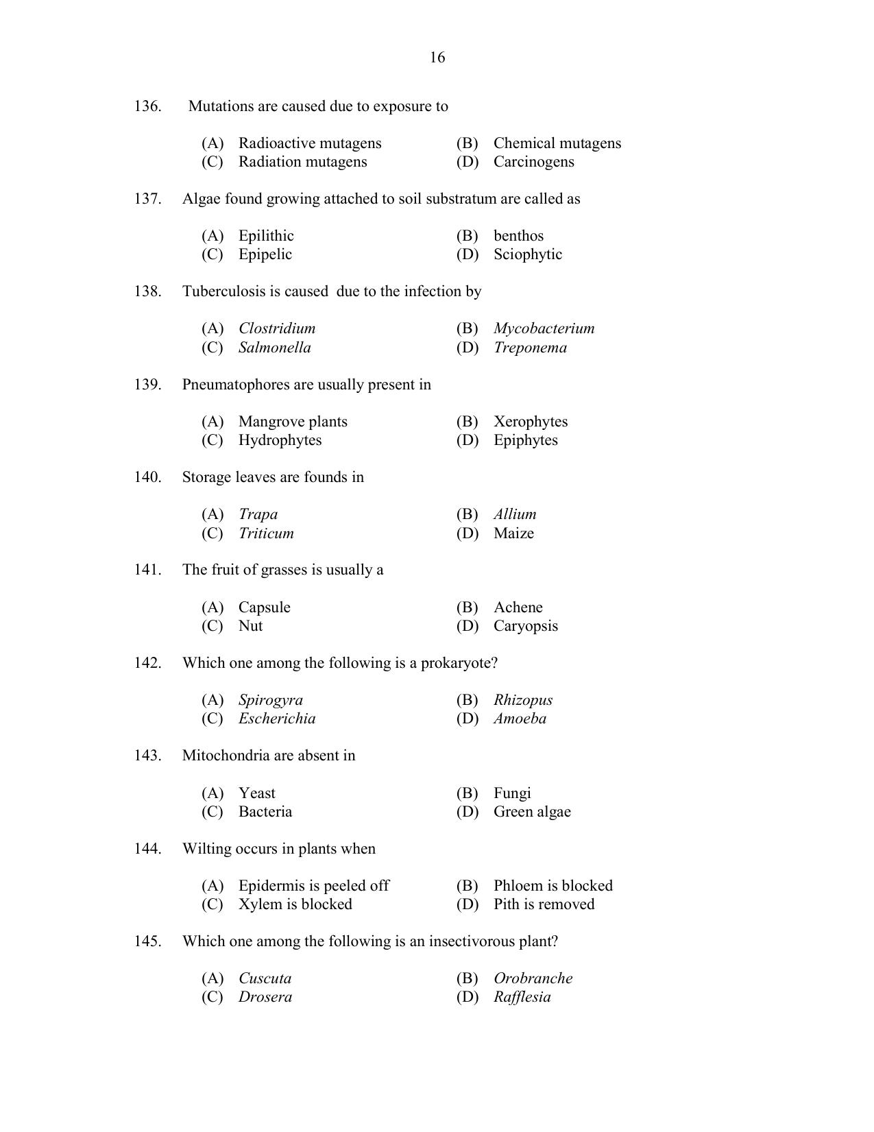CUSAT CAT 2017 Botany Question Paper - Page 16