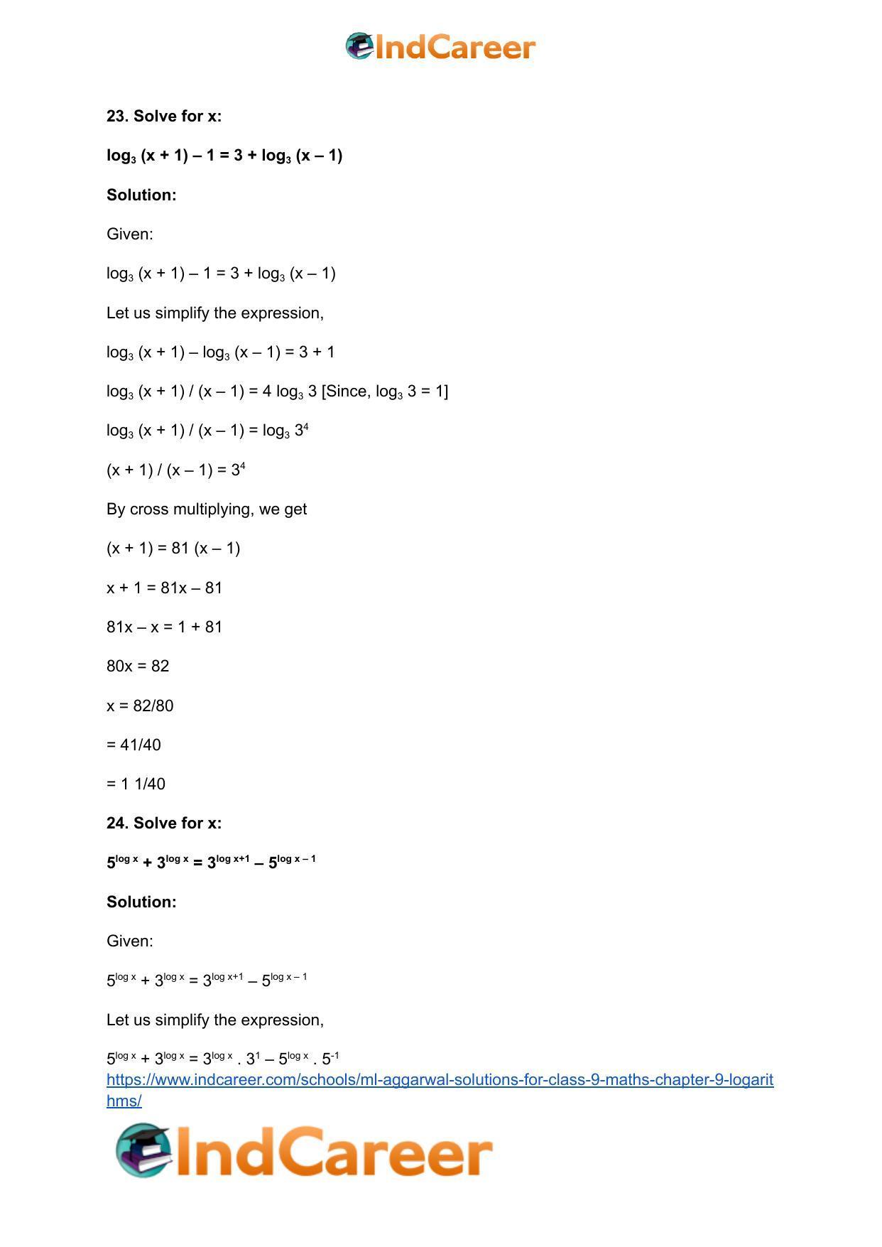 ML Aggarwal Solutions for Class 9 Maths Chapter 9- Logarithms - Page 43
