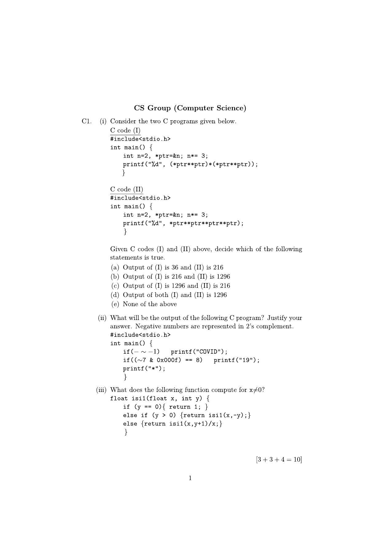 ISI Admission Test M.Tech (CrS) PCB 2020 Sample Paper - Page 1