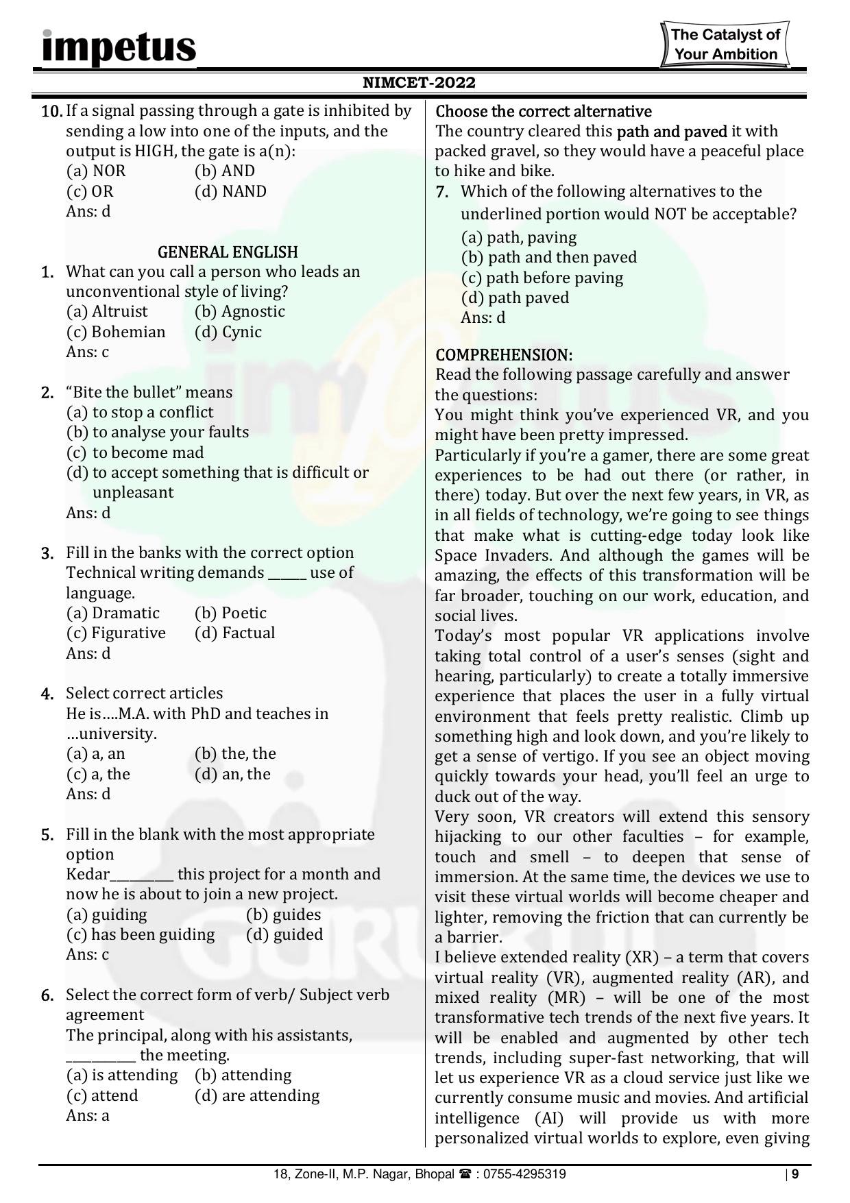 NIMCET 2022 Question Paper - Page 9