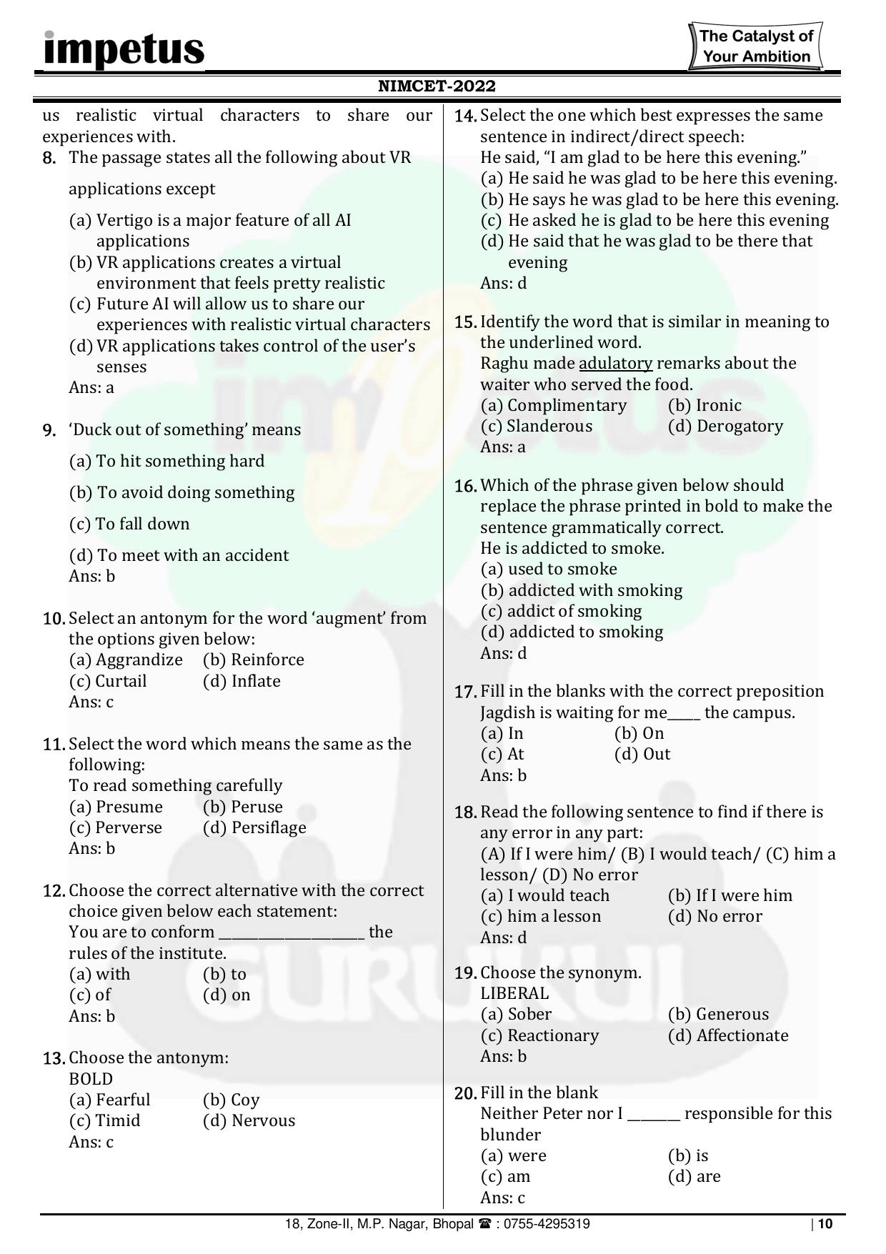 NIMCET 2022 Question Paper - Page 10