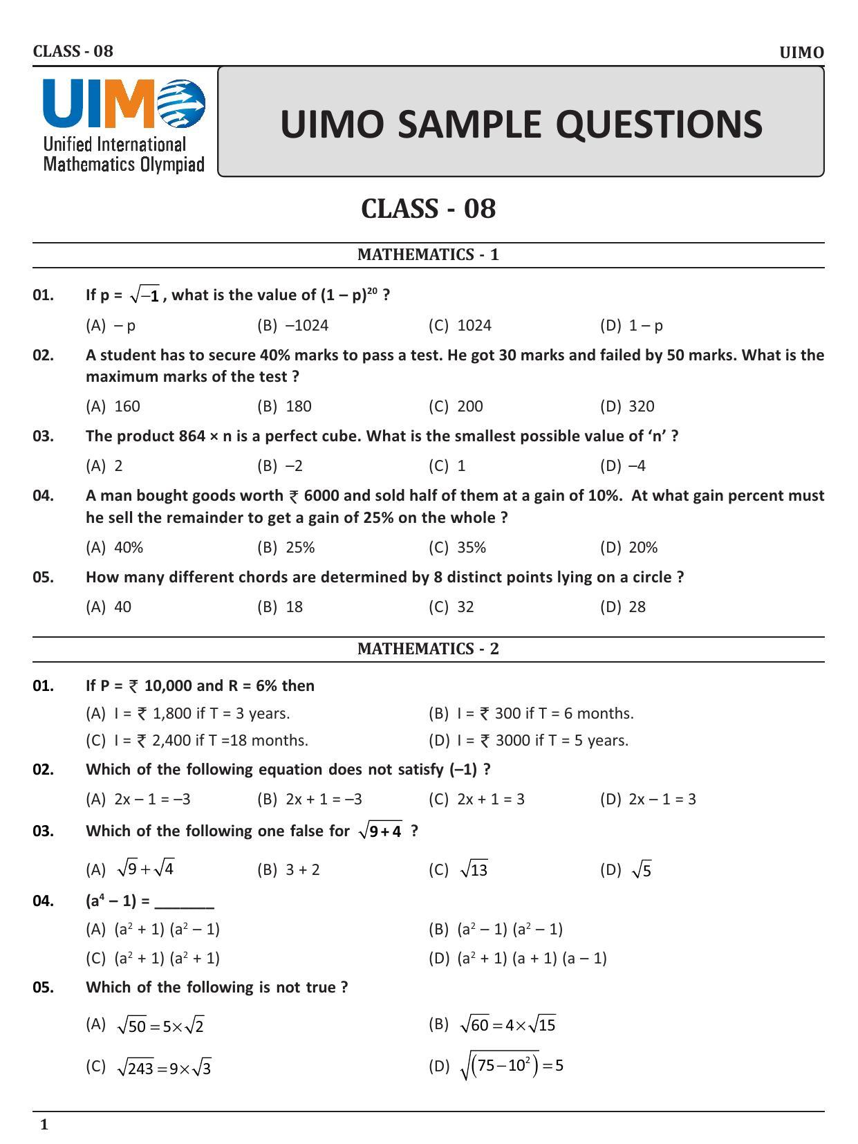 UIMO Class 8 2023 Sample Paper - Page 1
