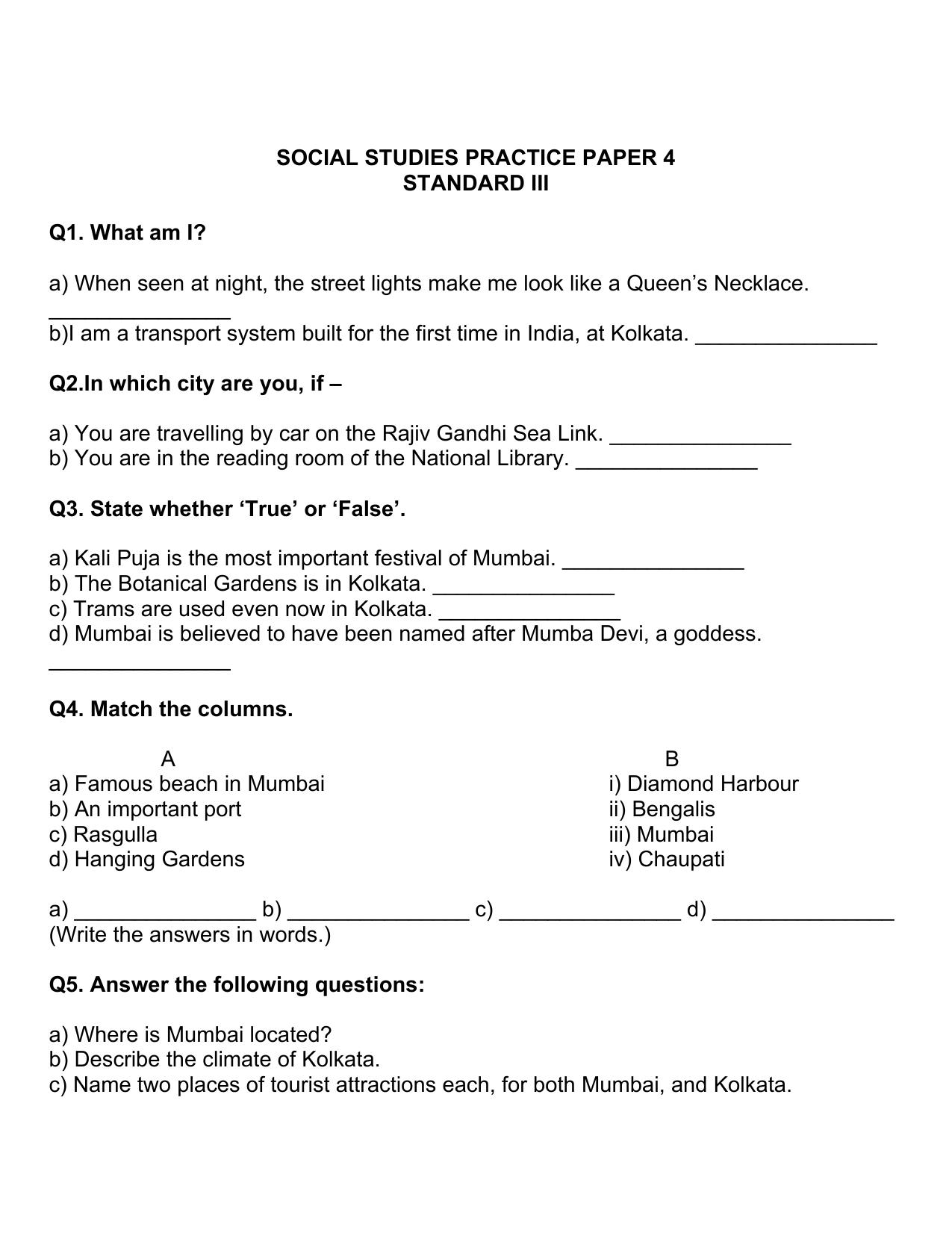 Worksheet for Class 3 Social Science Assignment 1 - Page 1