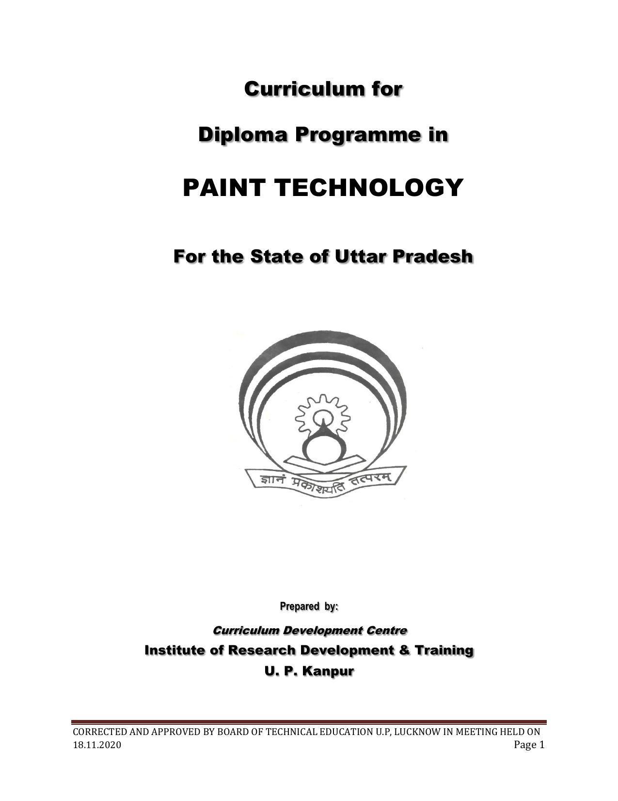 SYLLABUS FOR FIRST SEMESTER SESSION (2020-2021) - SIX SEMESTER DIPLOMA COURSE IN PAINT TECHNOLOGY - Page 1
