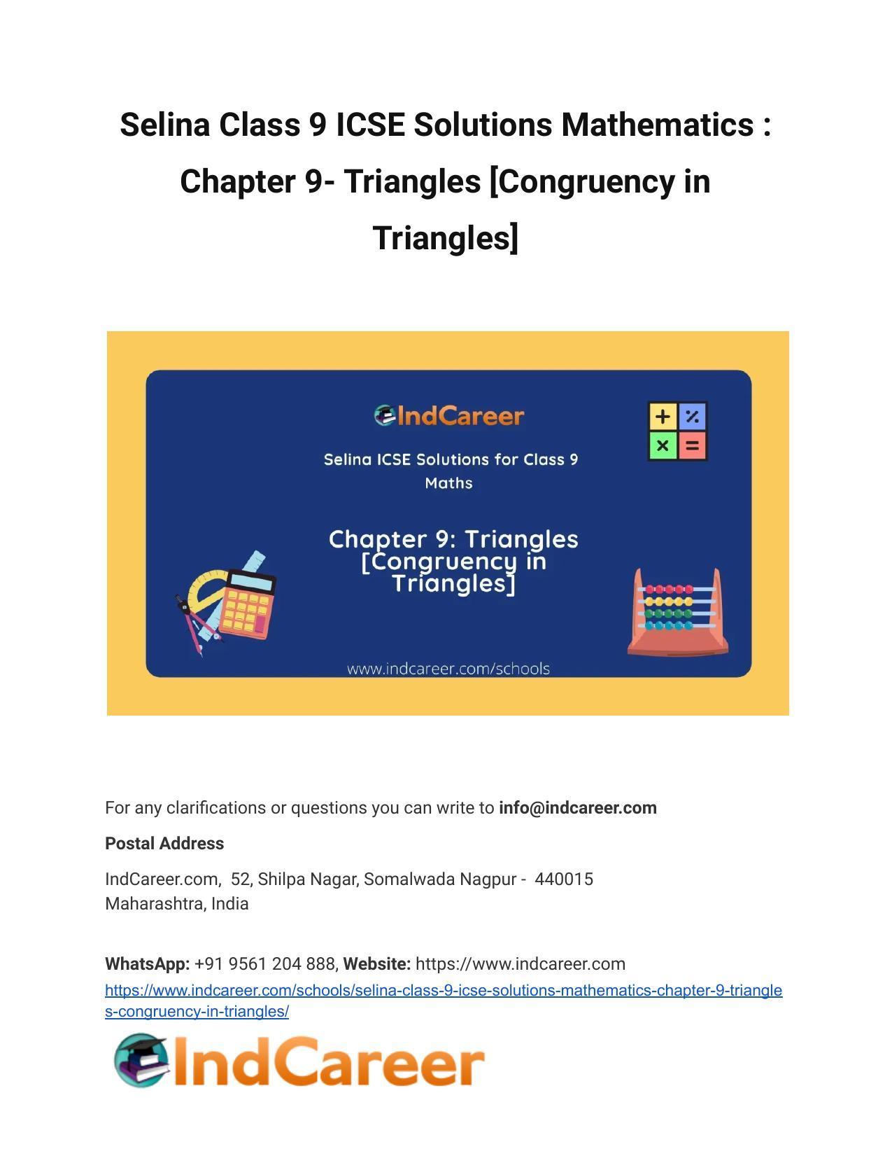 Selina Class 9 ICSE Solutions Mathematics : Chapter 9- Triangles [Congruency in Triangles] - Page 1