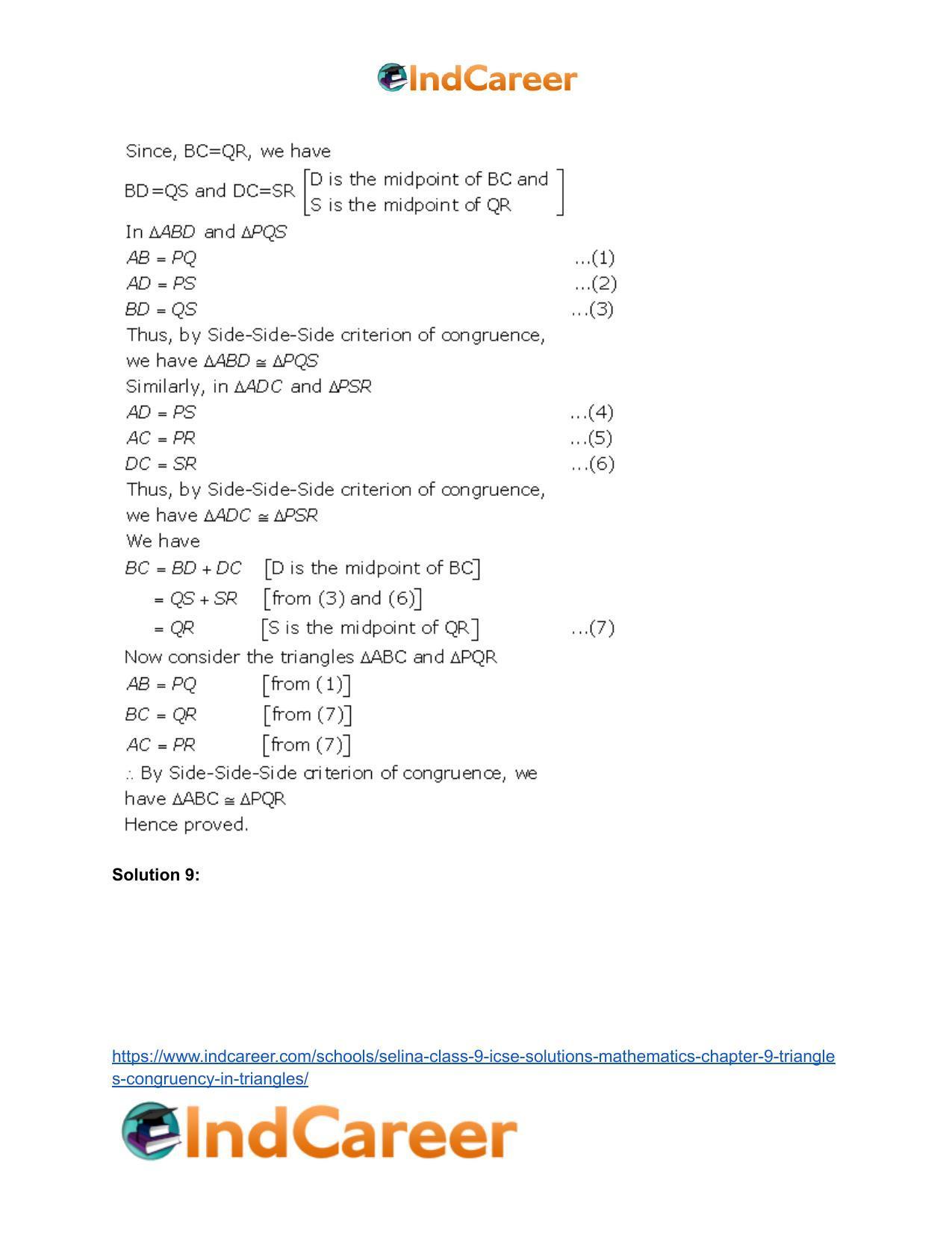 Selina Class 9 ICSE Solutions Mathematics : Chapter 9- Triangles [Congruency in Triangles] - Page 37