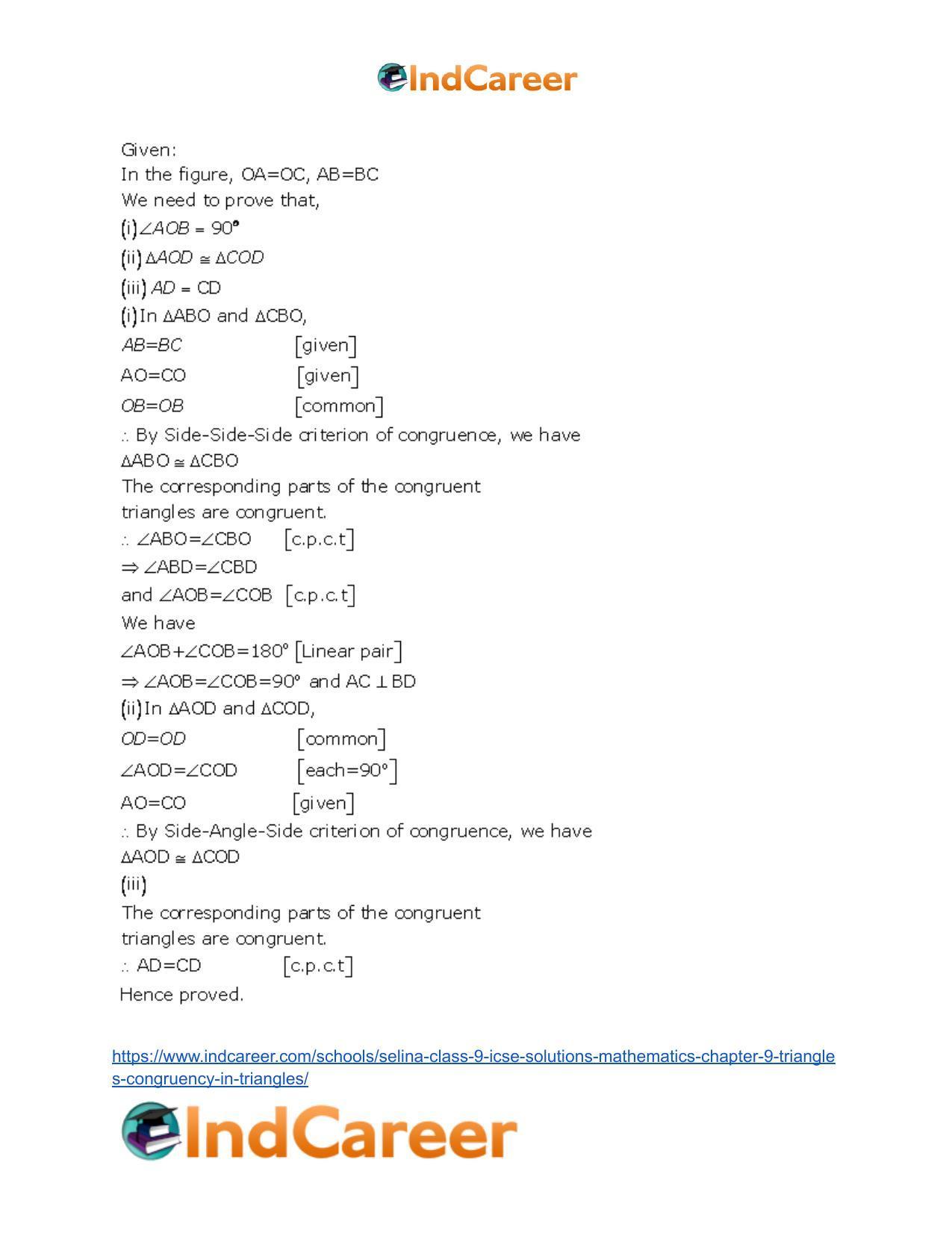 Selina Class 9 ICSE Solutions Mathematics : Chapter 9- Triangles [Congruency in Triangles] - Page 39