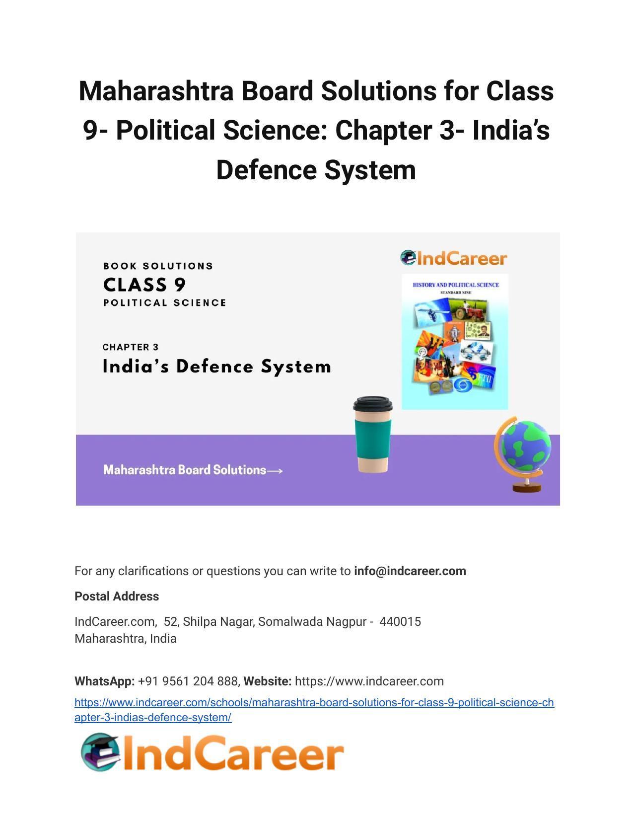 Maharashtra Board Solutions for Class 9- Political Science: Chapter 3- India’s Defence System - Page 1