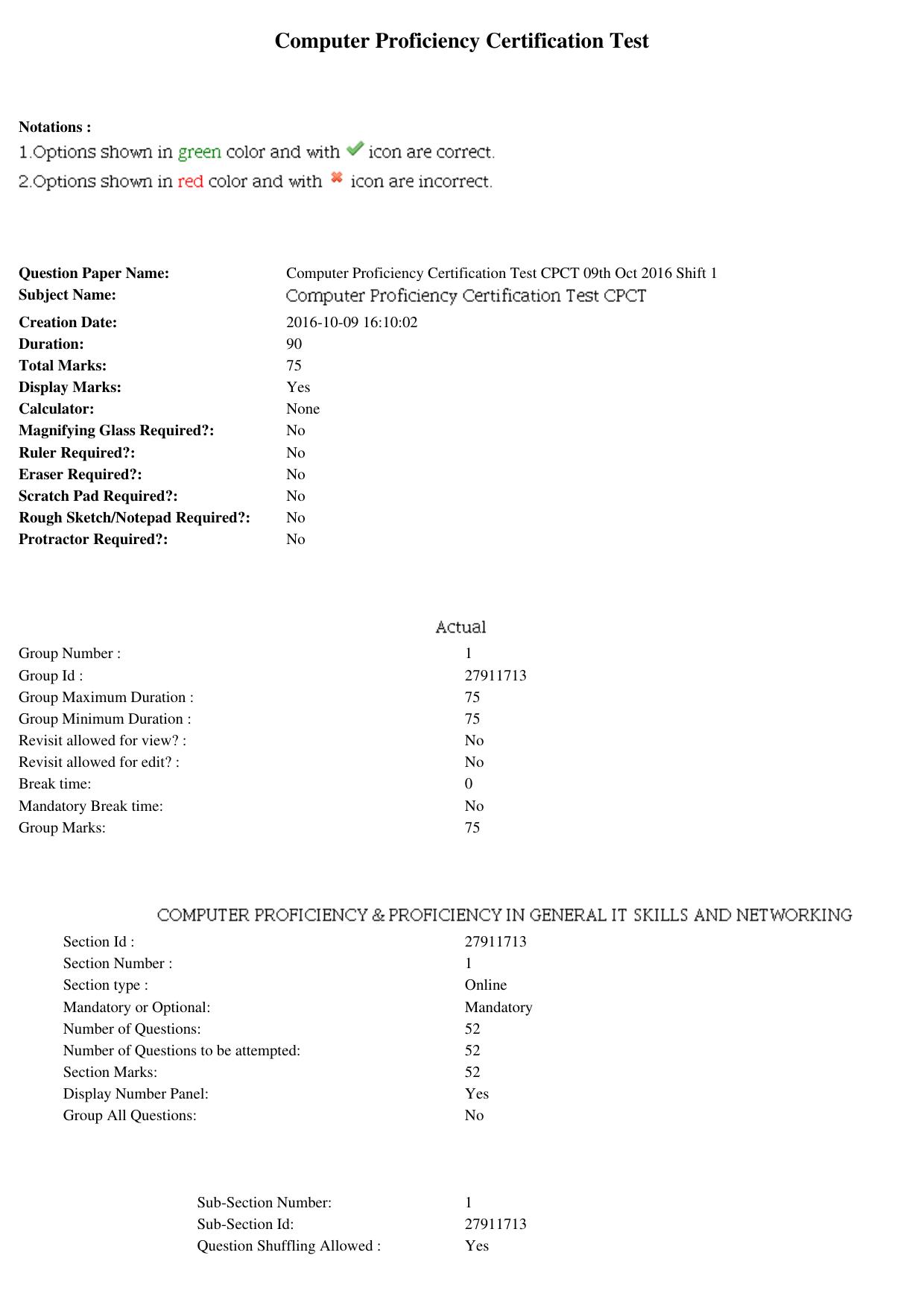 MP CPCT 09th Oct 2016 CPCT Question Paper Shift 1 - Page 1