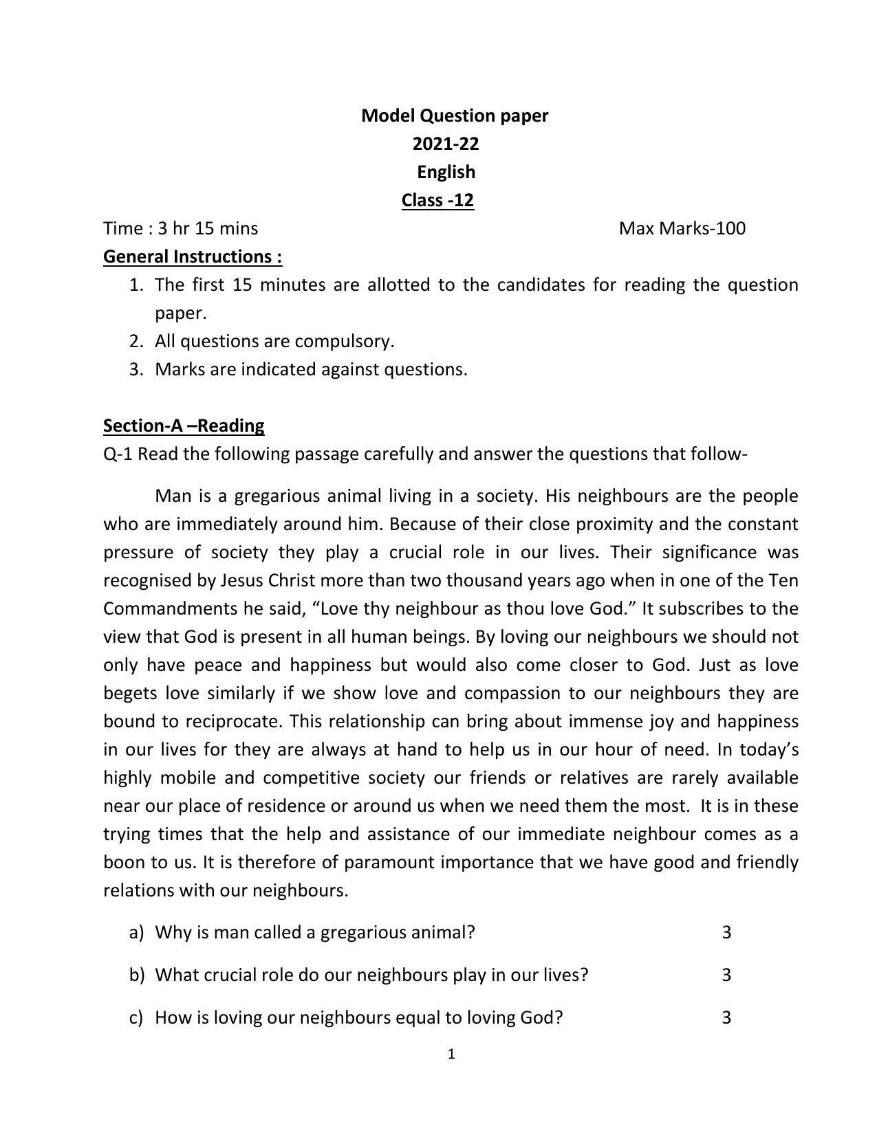 UP Board Class 12 English Model Papers 2023 - Page 1
